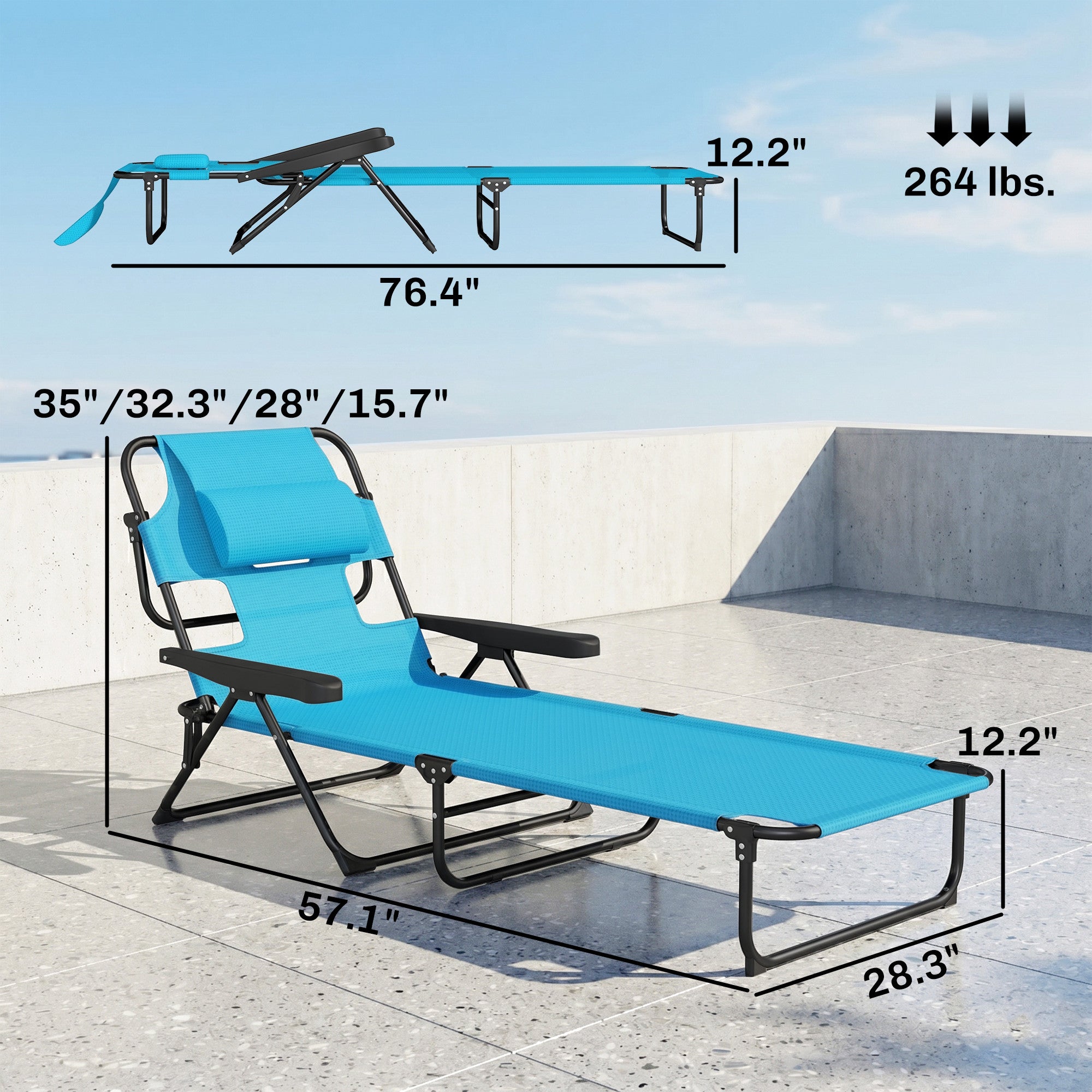 Folding Lounge Chair w/ Reclining Back, Light Blue