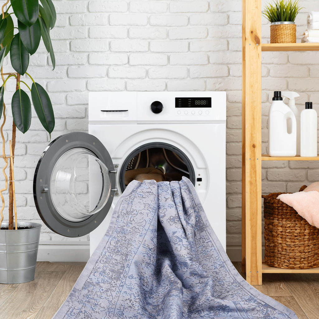 8x10 Foldable Low-Pile Non-Slip Non-Shedding Area Rug, Machine Washable, Kid and Pet Friendly, Carpet for Living Room, Kitchen, Blue+Cream