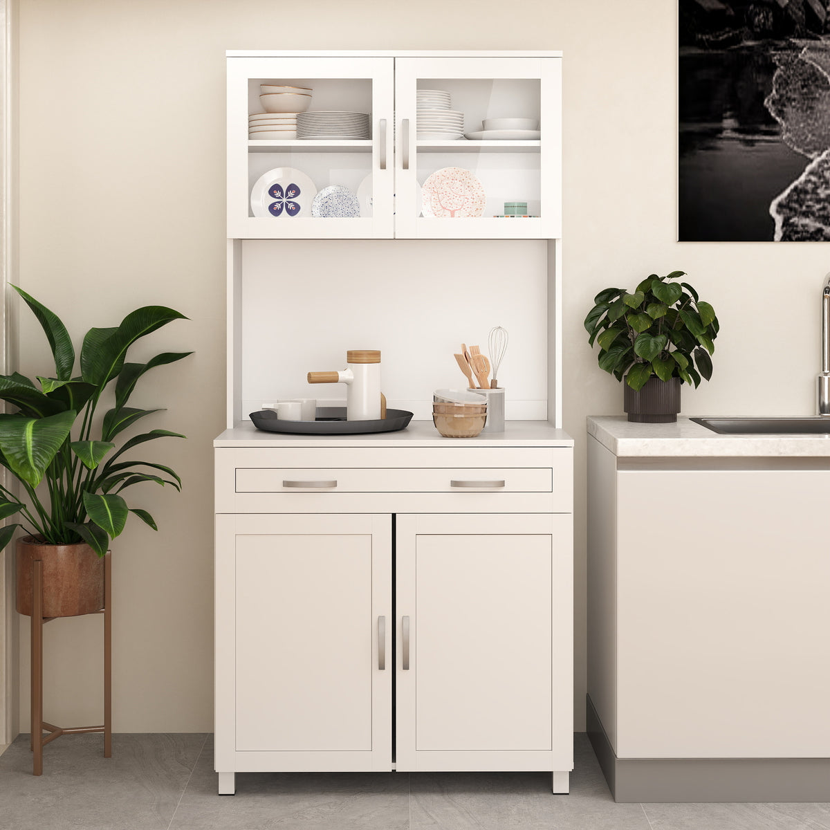 67" Buffet with Hutch, Modern Kitchen Pantry, Freestanding Storage Cabinet with Framed Glass Doors, Shelves and Drawers, White