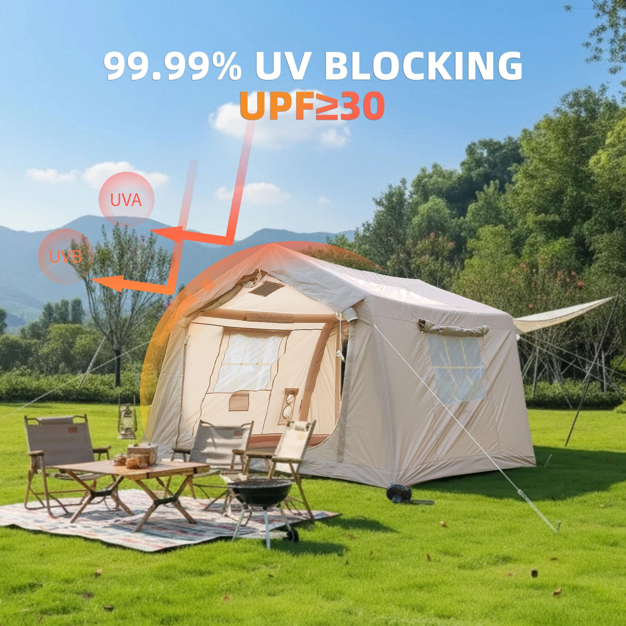 4-Season Camping Tent with Extended Awning and Higher Sidewalls, Waterproof Family Tent with Dual Doors, 126″ L x 98.5″ W x 82.5″ H, Beige