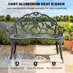 Outdoor Bench, Cast Aluminum Outdoor Furniture, Metal Bench with Floral Rose Accent & Antique Finish, Green