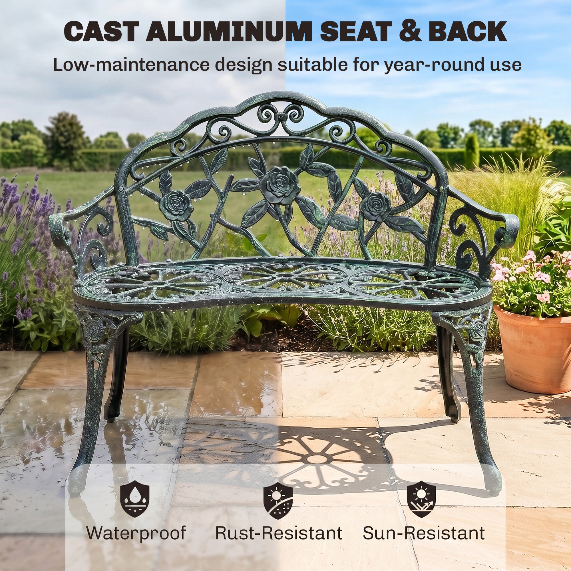 Outdoor Bench, Cast Aluminum Outdoor Furniture, Metal Bench with Floral Rose Accent & Antique Finish, Green