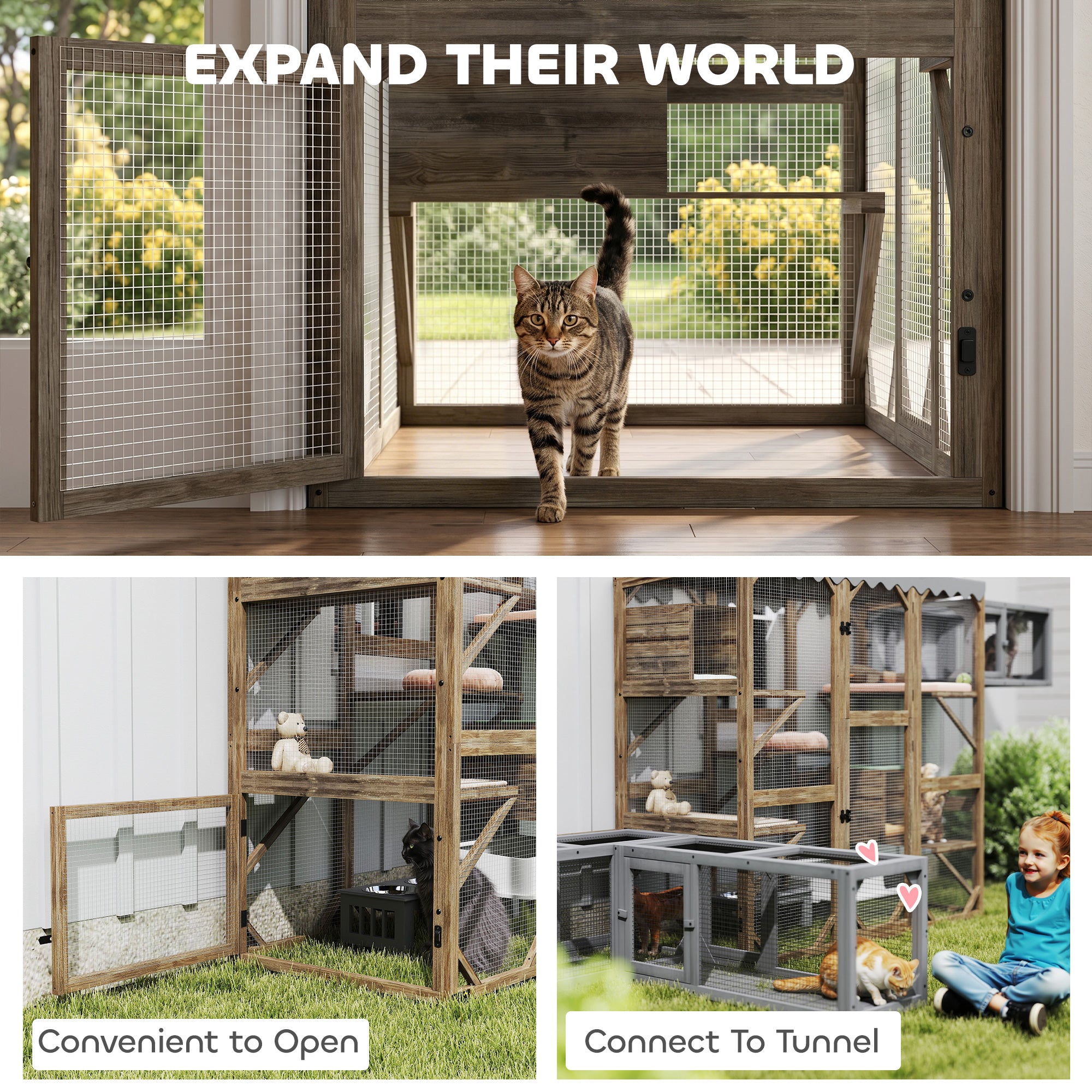 Outdoor Cat Enclosure with Window Access, 5 Platforms and 2 Resting Boxes, Waterproof Roof for Multiple Cats, Brown