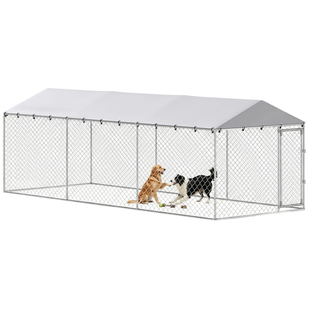 20' x 7.5' x 6.5' Dog Kennel Outdoor for Small Medium Large Dogs with Waterproof Roof, Silver