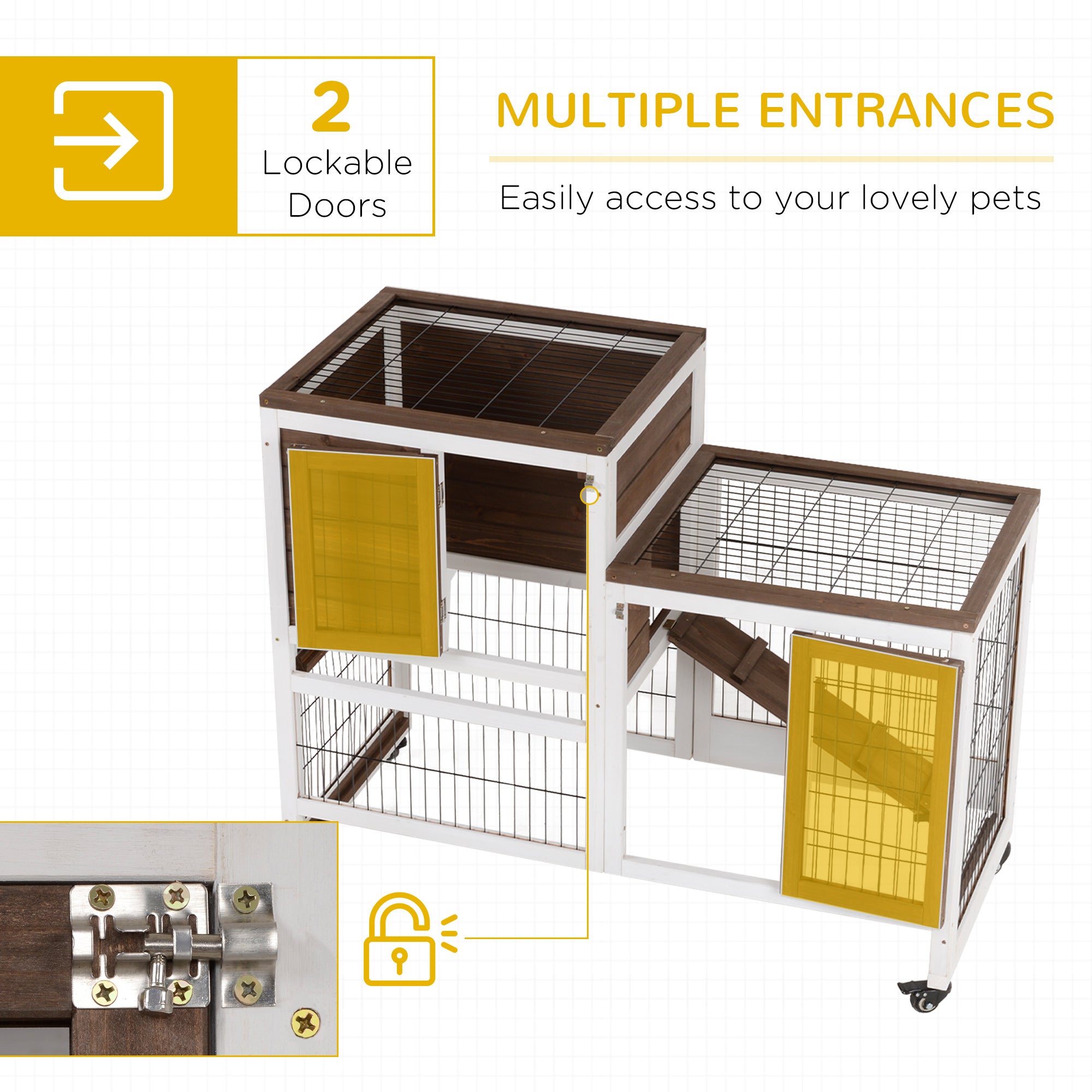 Wooden Rabbit Hutch Elevated Bunny Cage Indoor Small Animal Habitat with Enclosed Run with Wheels, Ramp, Removable Tray for Rabbits, Chickens, Ducks, Guinea Pigs, Brown