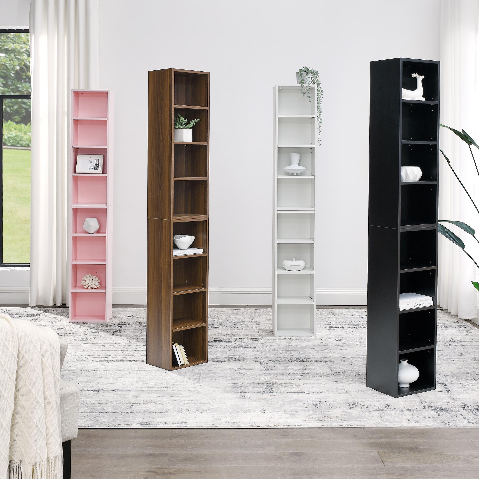 8-Tier Slim Media Tower Rack with Adjustable Shelves, Anti-Tip Hardware, Tall Narrow Bookcase for Compact Room, 11.5" L x 9.5" W x 71" H, Walnut