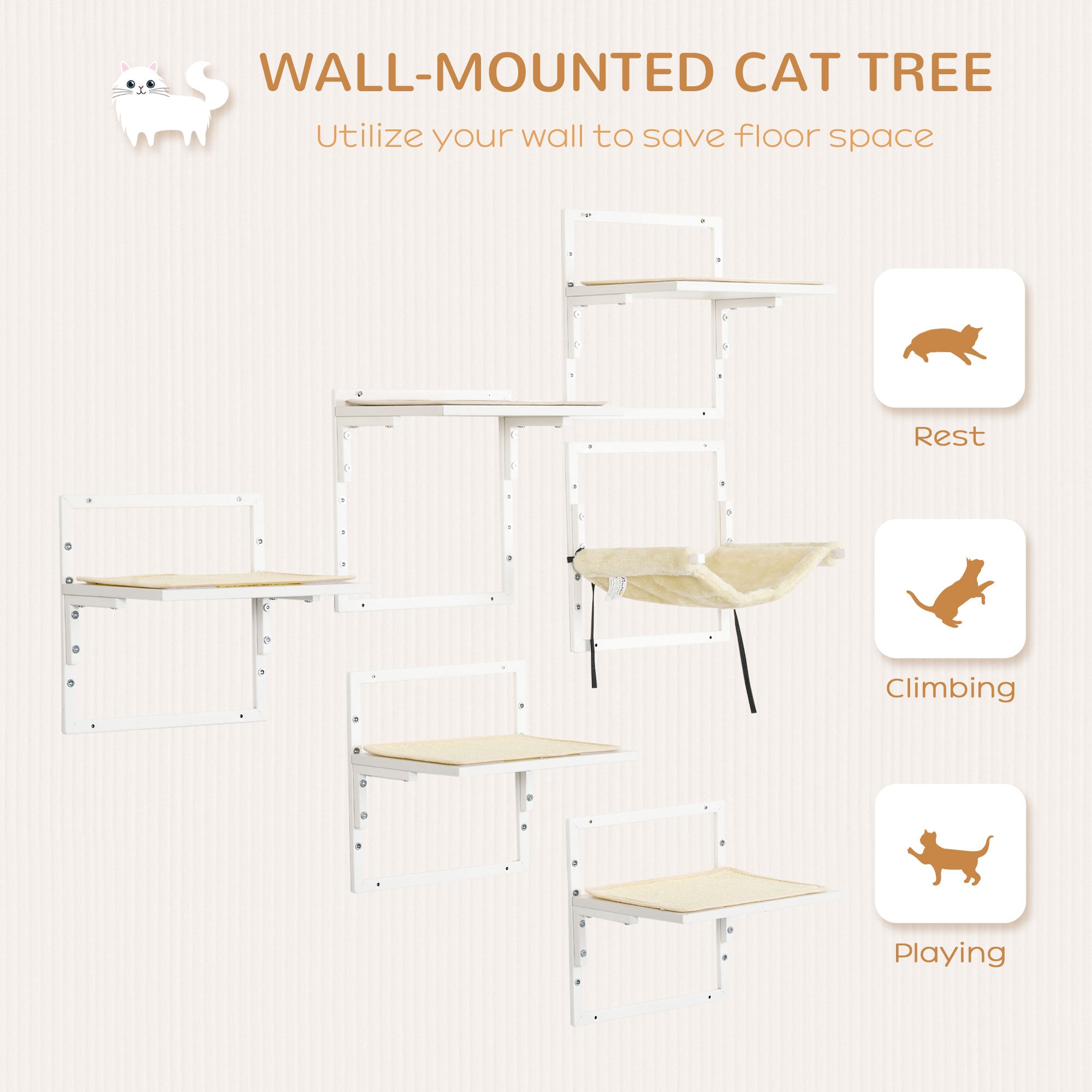 Cat Shelves for Indoor Cats, 6Pc Modern Cat Wall Furniture with Adjustable Height Jumping Platforms & Hammock, Cream White