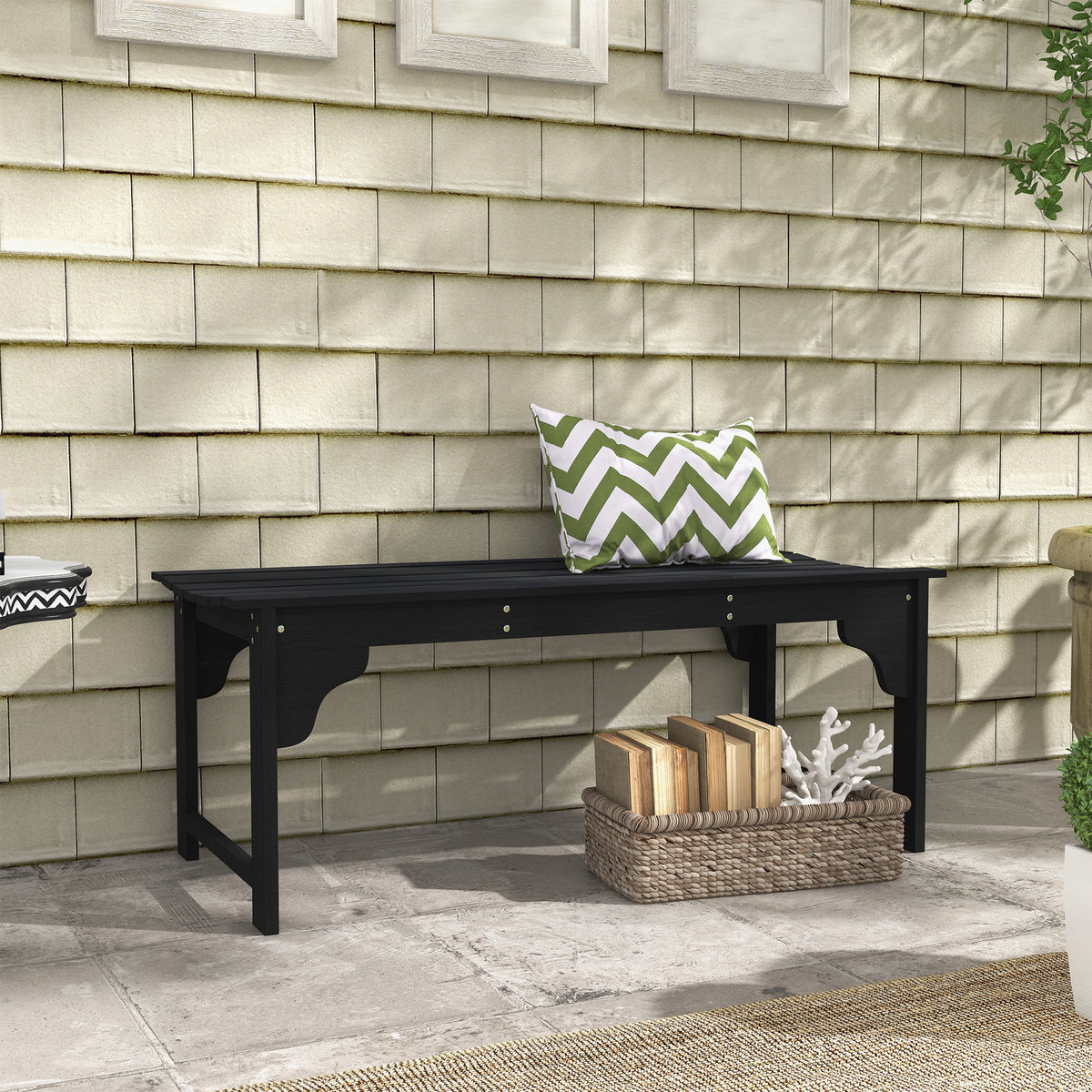Slatted Wooden Garden Bench, Curved Seat Front Porch Bench, Black