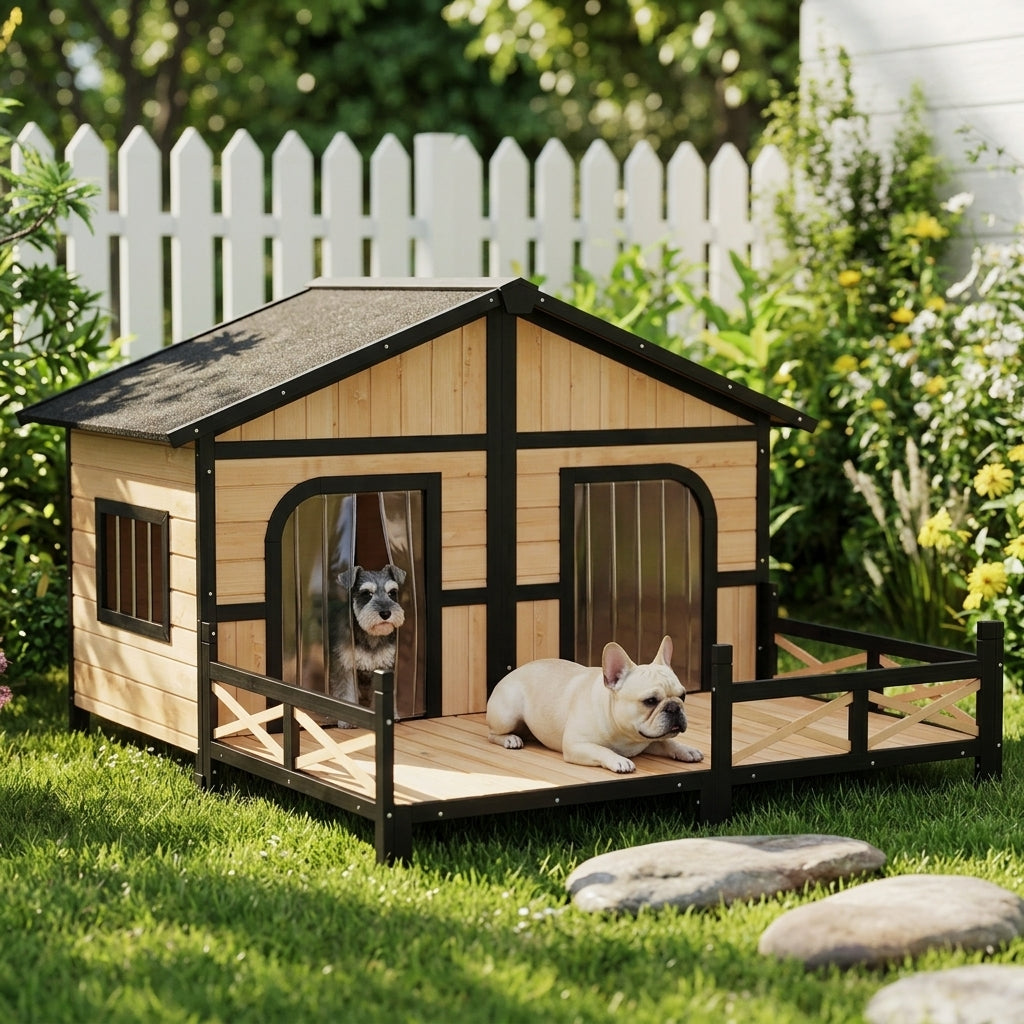 Dog House Outdoor, Wooden Dog Kennel Weatherproof with Porch, Openable Roof, Removable Bottom, Elevated Floor, Double Room for 2 Small to Medium Breeds, Natural