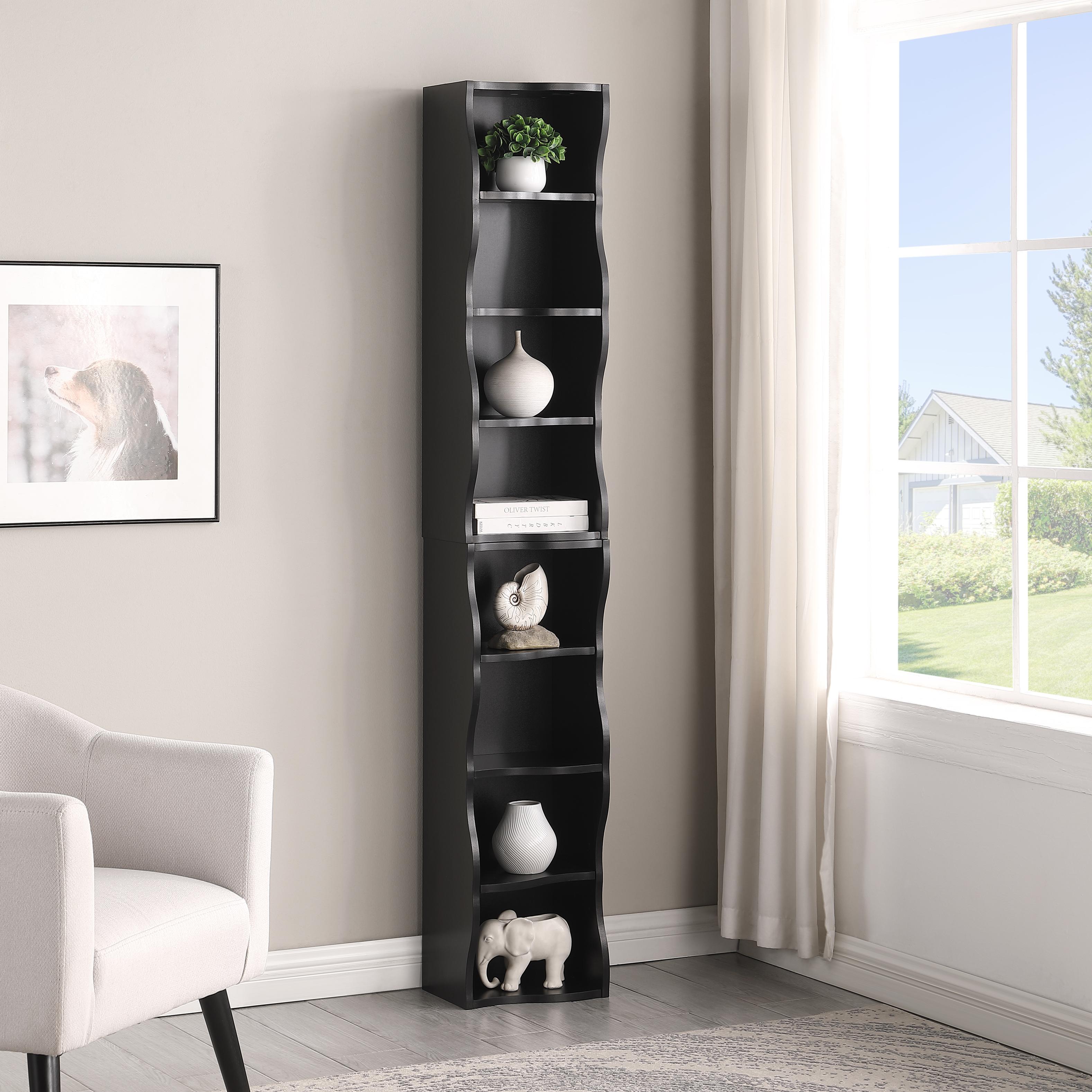8-Tier Adjustable Slim Bookcase with Wavy Edge Design, Anti-Tip Hardware, Detachable Cabinets for Home Storage, 11.5" L x 9.5" W x 71" H, Black