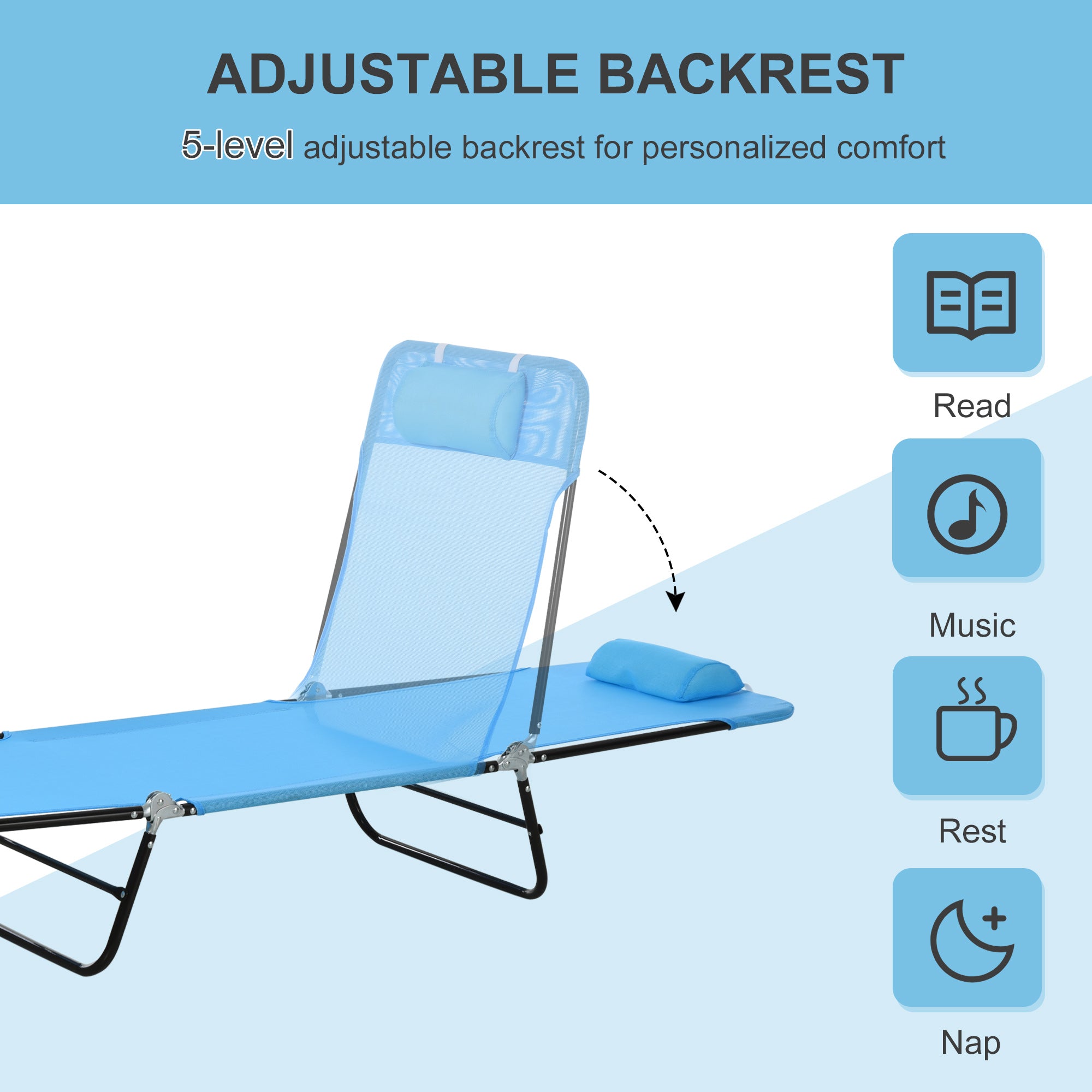 Folding Chaise Lounge Chair, Pool Sun Tanning Chair, Outdoor Lounge Chair with Reclining Back, Breathable Mesh Seat, Headrest for Beach, Yard, Patio, Blue