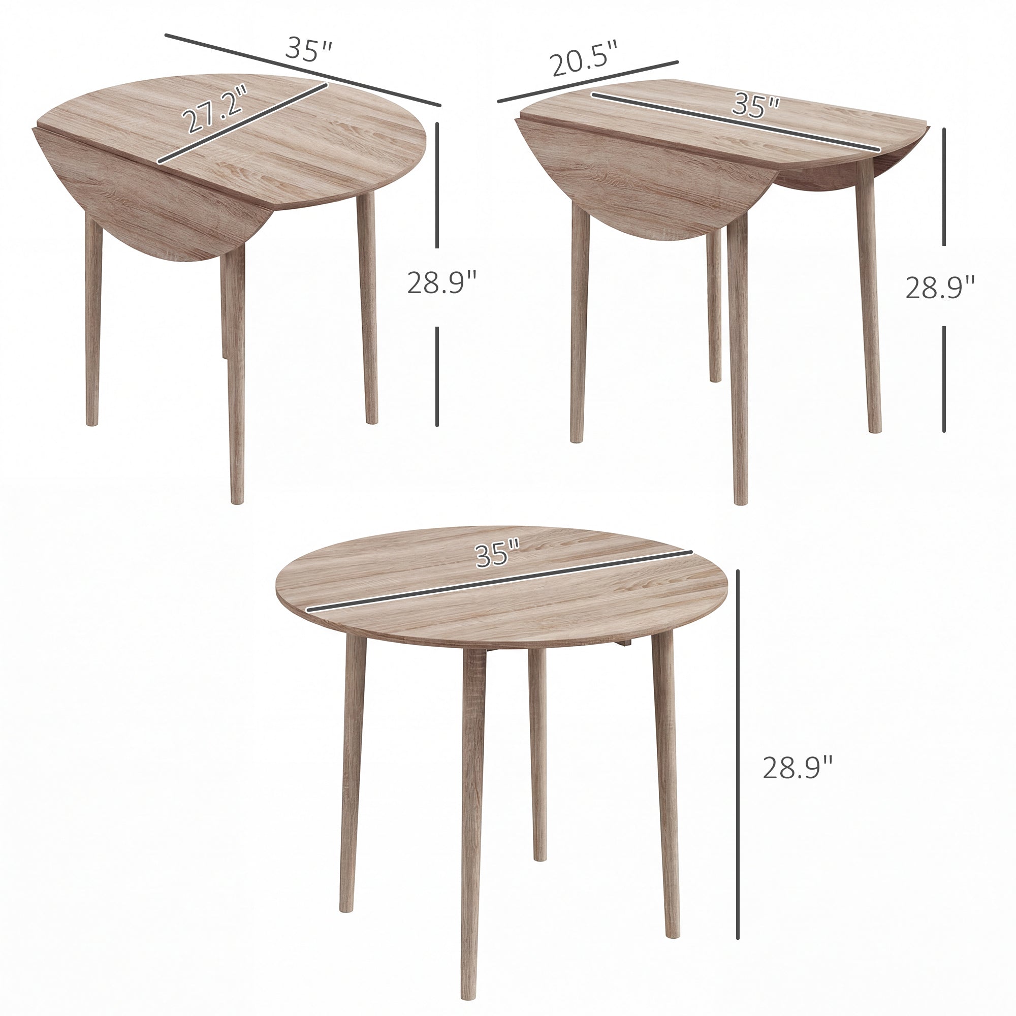 Folding Dining Table, Round Drop Leaf Kitchen Table for Small Spaces with Wood Legs, Oak Color