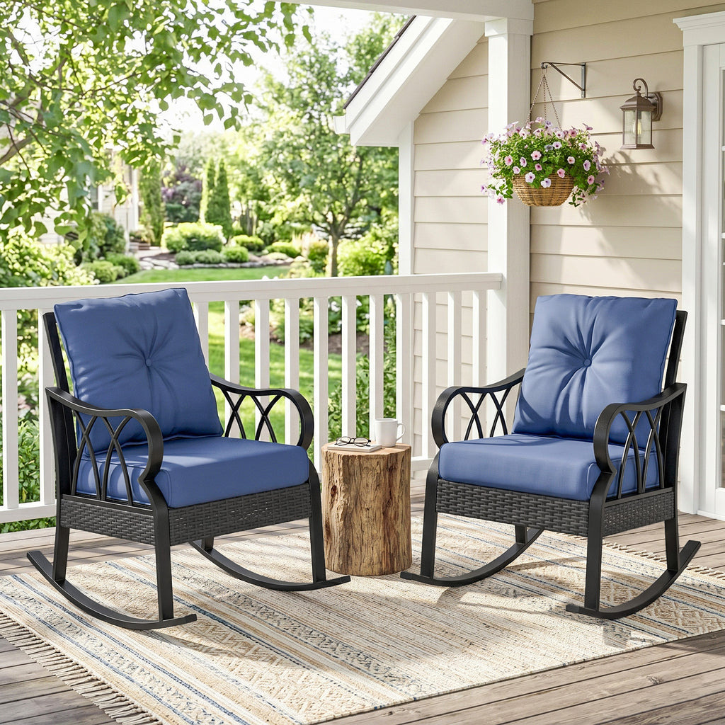 2 Piece Outdoor Wicker Rocking Chairs Rattan Porch Rockers with Cushions, Aluminum Frame for Garden, Patio, Blue