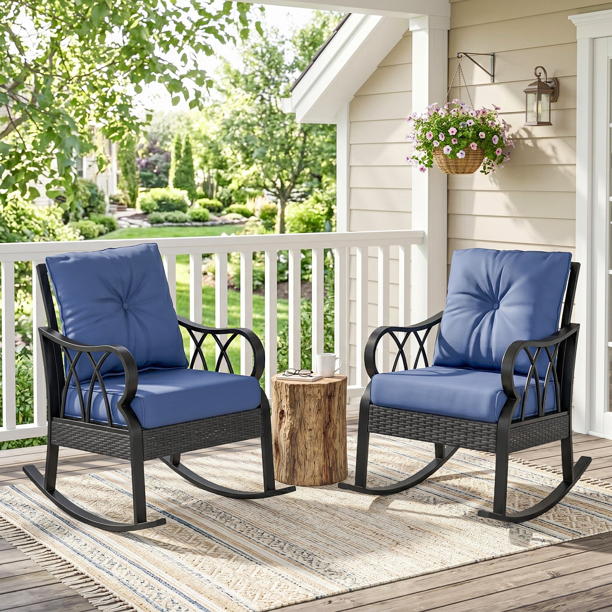2 Piece Outdoor Wicker Rocking Chairs Rattan Porch Rockers with Cushions, Aluminum Frame for Garden, Patio, Blue