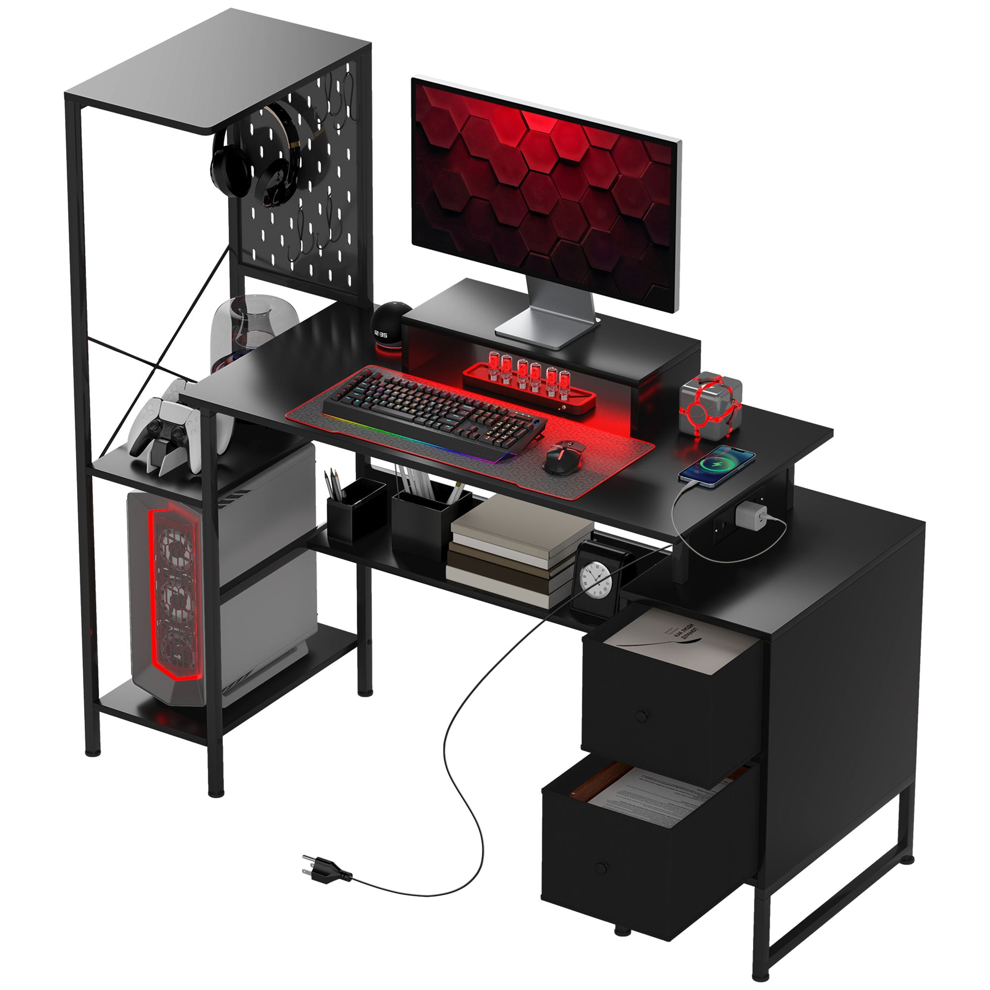 56" Computer Desk with Storage, Computer Table with Power Outlets and LED Lights, Black