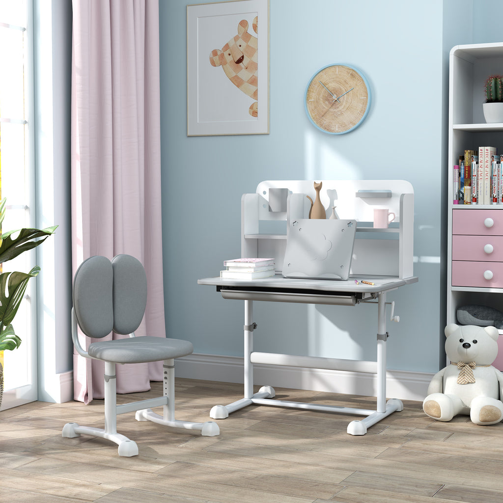 Height Adjustable Kids Desk and Chair Set for Writing Drawing w/ Tilt Desktop, Storage Drawer and Reading Rack, Gray