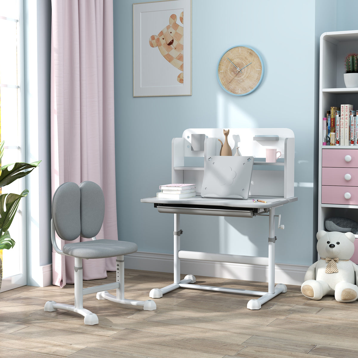 Height Adjustable Kids Desk and Chair Set for Writing Drawing w/ Tilt Desktop, Storage Drawer and Reading Rack, Gray