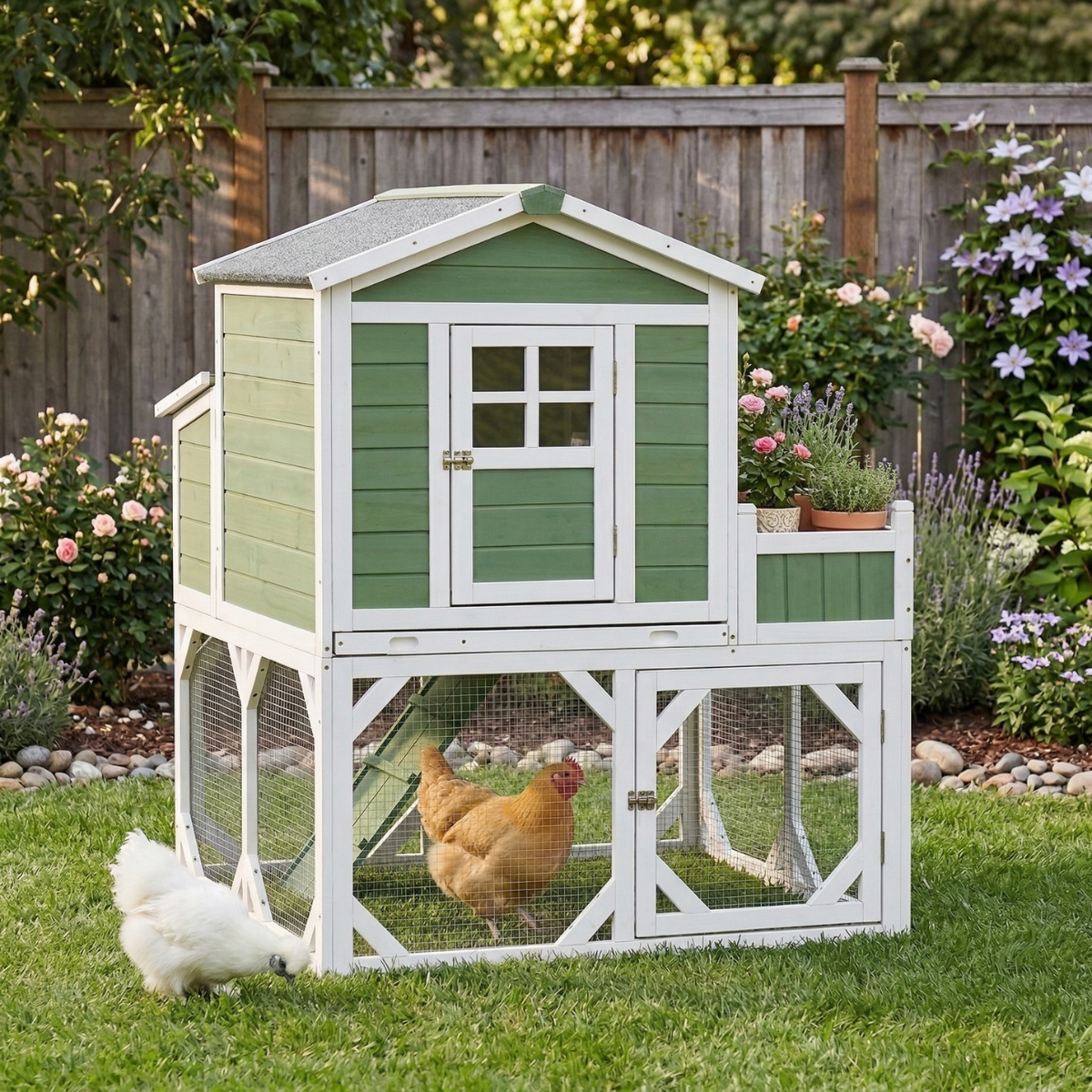 49" Small Chicken Coop Hen House with Garden Space, Chicken House Outdoor Run Cage with Weather Protection, 2-4 Birds, Green