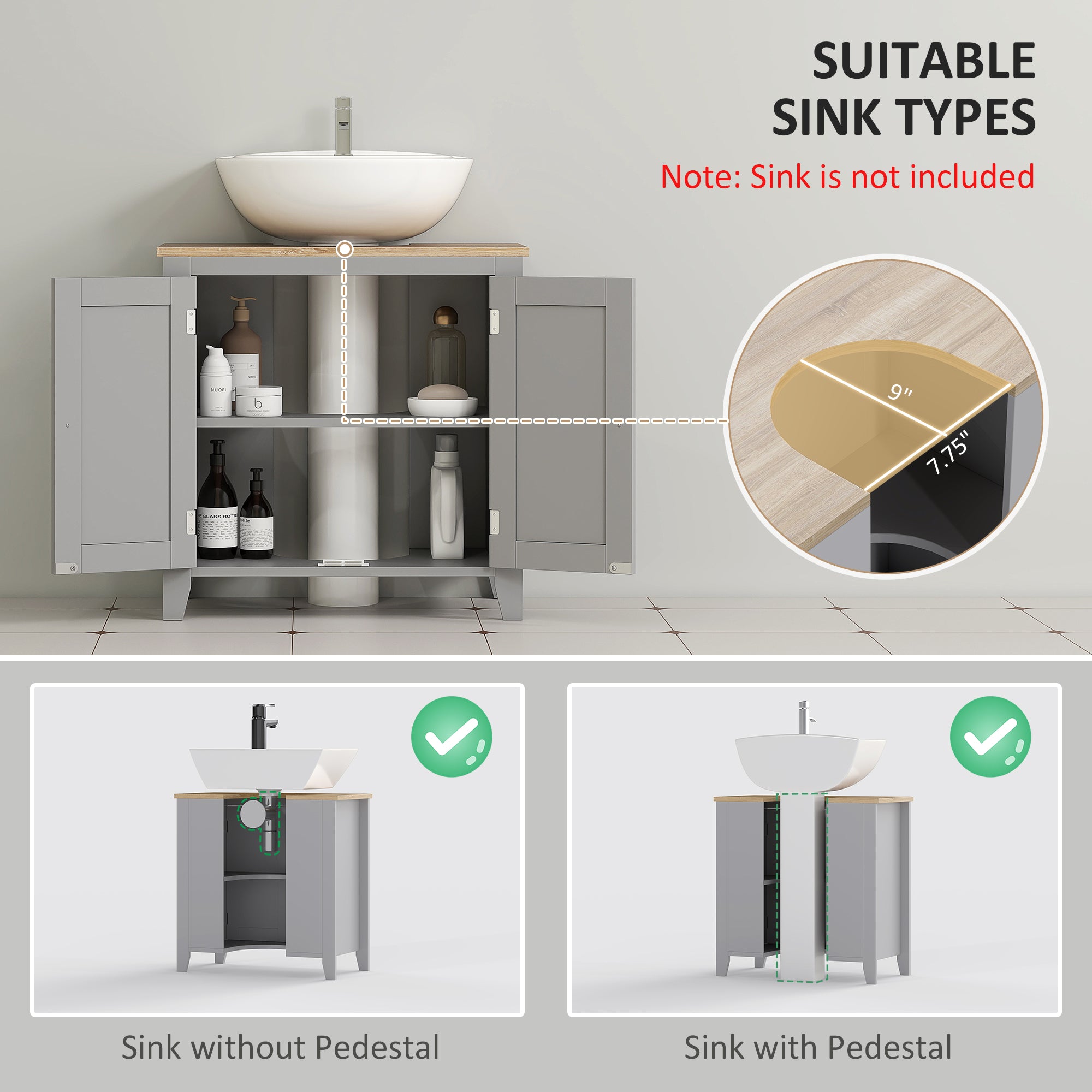 Bathroom Vanities, Pedestal Sink Cabinet with U-Shaped Cut-out and Adjustable Shelf, Gray