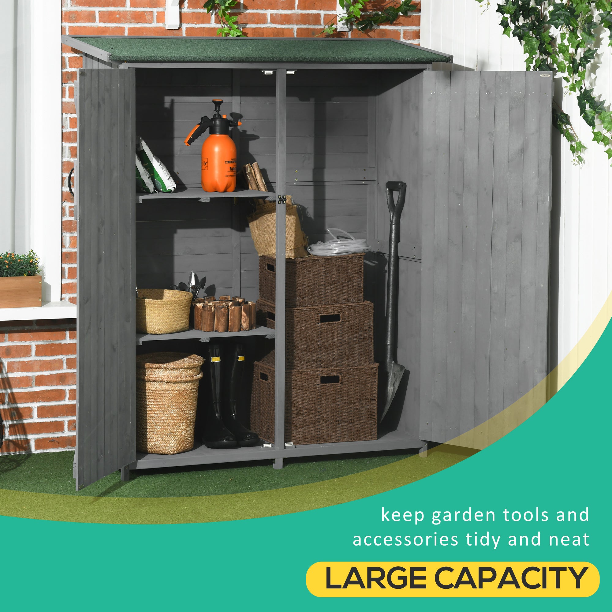 Outdoor Storage Cabinet Wooden Garden Shed Utility Tool Organizer with Waterproof Asphalt Rood, Lockable Doors, 3 Tier Shelves for Lawn, Backyard, Gray