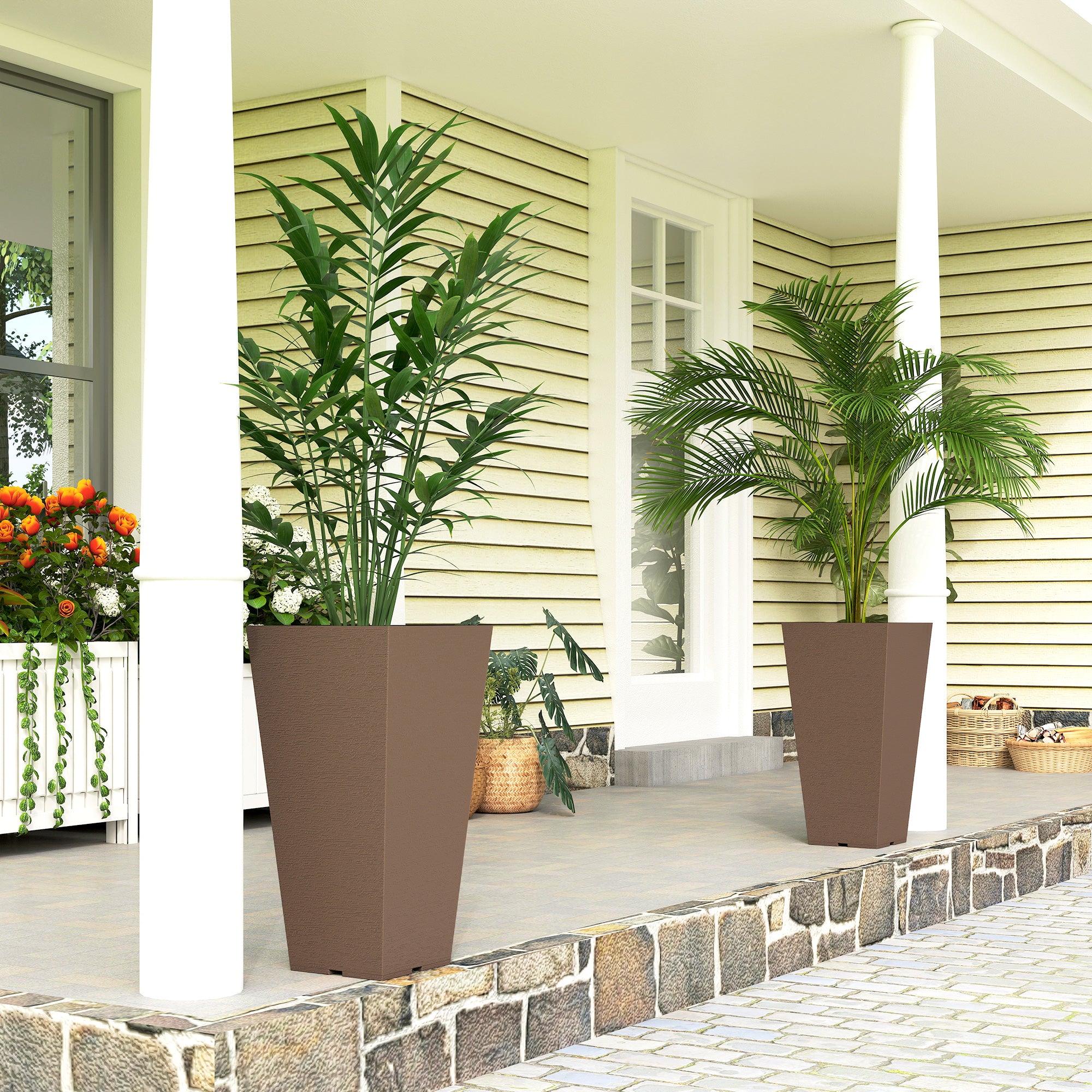 23 Inch Tall Planters for Outdoor Plants, Set of 2 Plastic Flower Pots, for Front Door Patio Garden Use, Brown