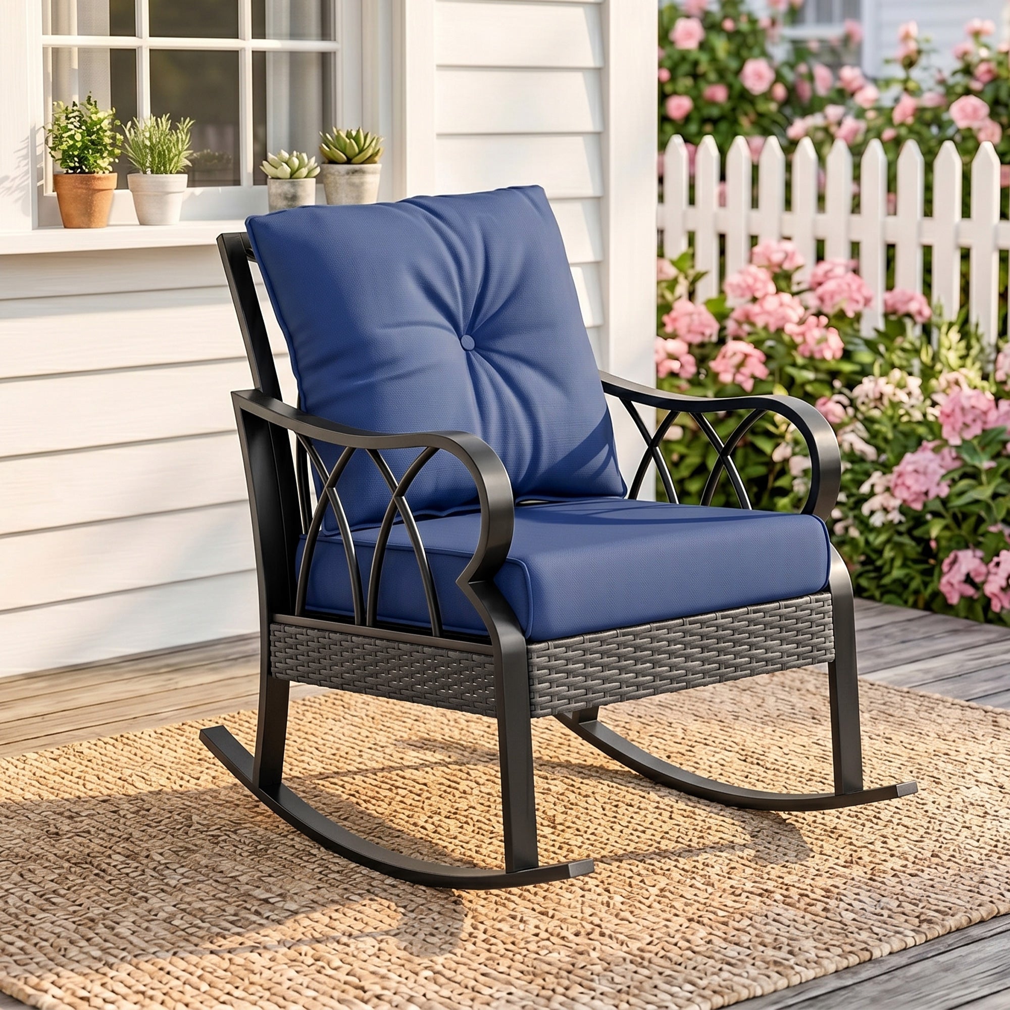 Outdoor Wicker Rocking Chair with Padded Cushions, Aluminum Furniture, Rattan Porch Rocker Chair w/ Armrest, Navy Blue