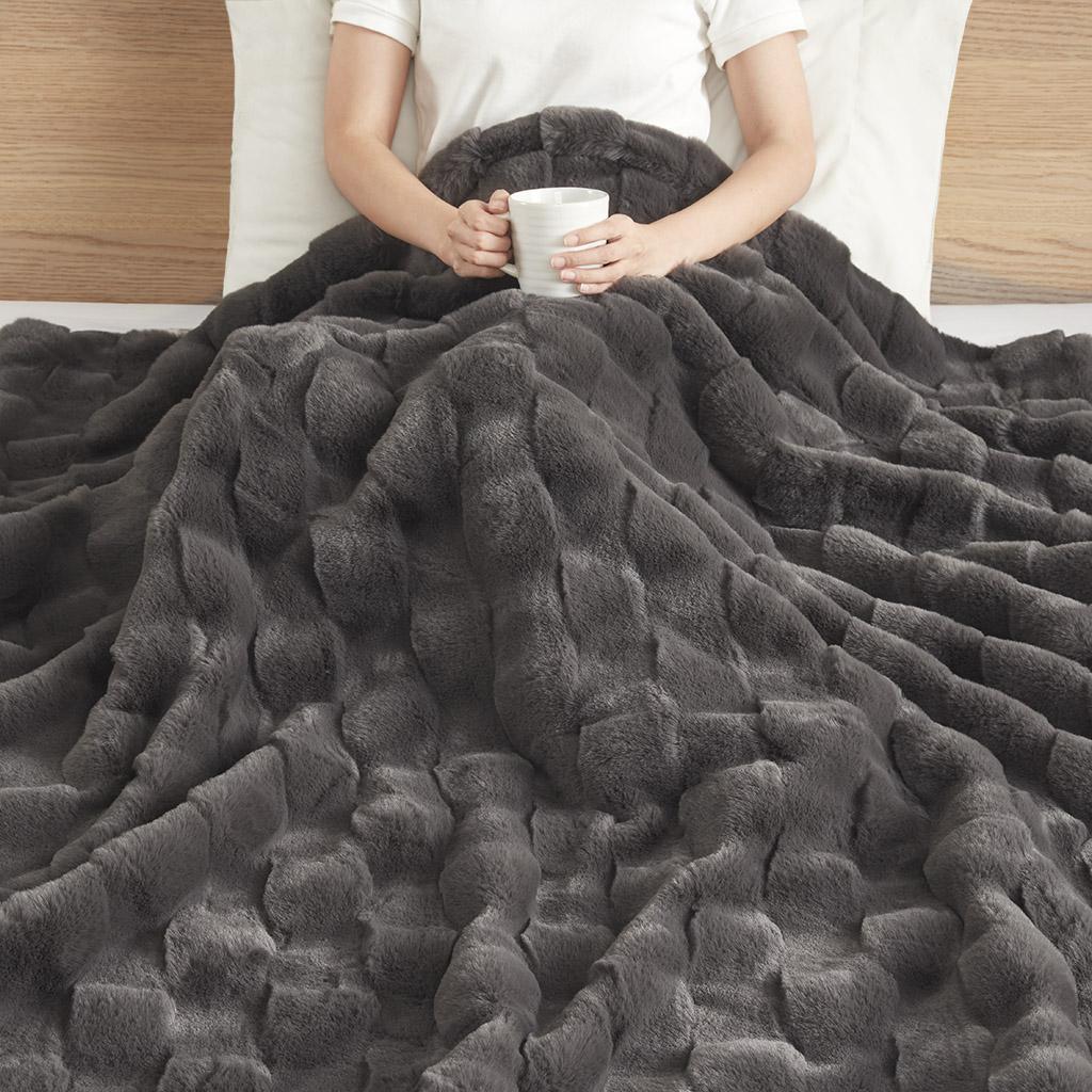 Luxurious Faux Fur Throw Blanket with Crystal Velvet Reverse, Basketweave Texture, Perfect for Any Decor, 60" L x 50" W x 0.25" H, Gray