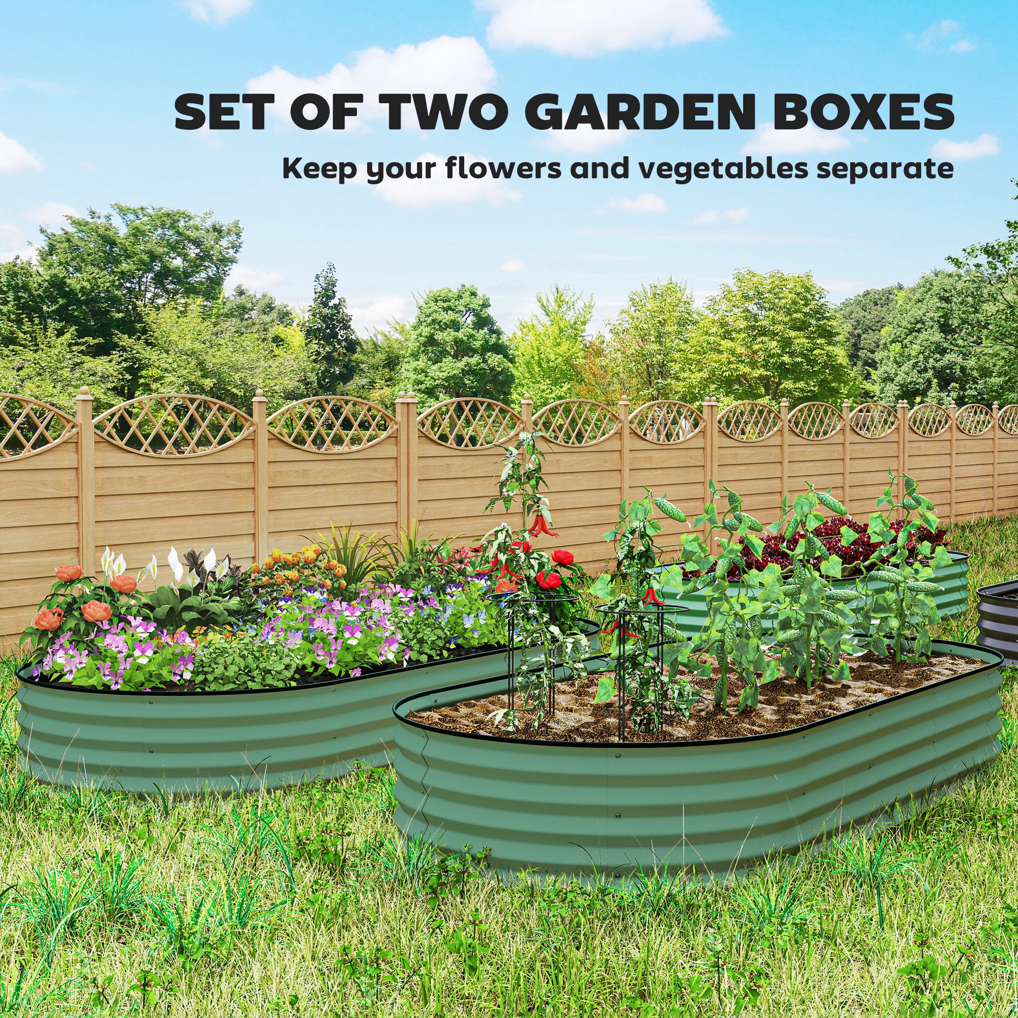 7' x 3' x 1' Raised Garden Bed Set, 2PCS Raised Beds for Gardening with Metal Plant Stakes, Green