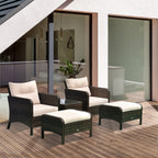 5 Pieces Rattan Wicker Lounge Chair Outdoor Patio Conversation Set with 2 Cushioned Chairs, 2 Ottomans and Tempered Glass Top Coffee Table