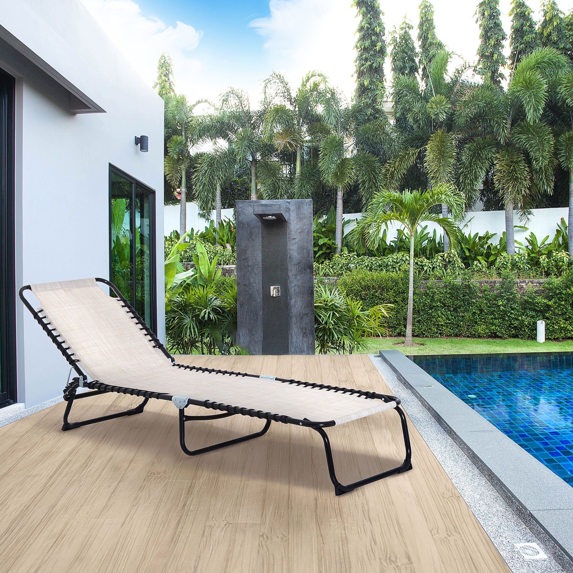 Foldable Chaise Lounge, 3-Position Reclining Back, Portable design and Breathable Mesh for Poolside, Camping, Hiking - Cream White