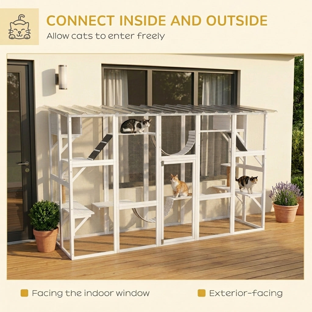 118" Large Outdoor Catio Cat Enclosure with Condos, Bridges & Posts, White