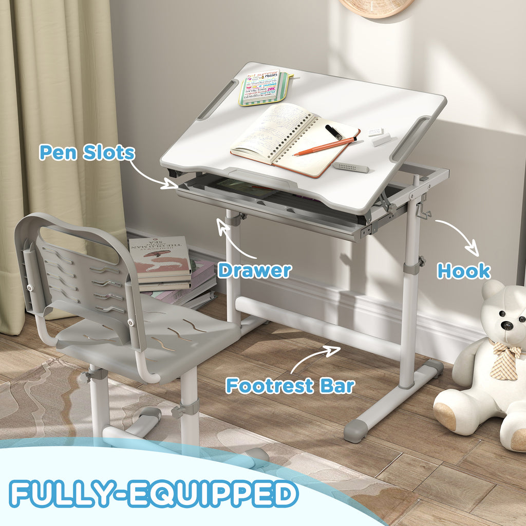 Height Adjustable Kids Desk and Chairs Set with Tilt Desktop, Storage Drawer, Pen Slot, Hook, Gray