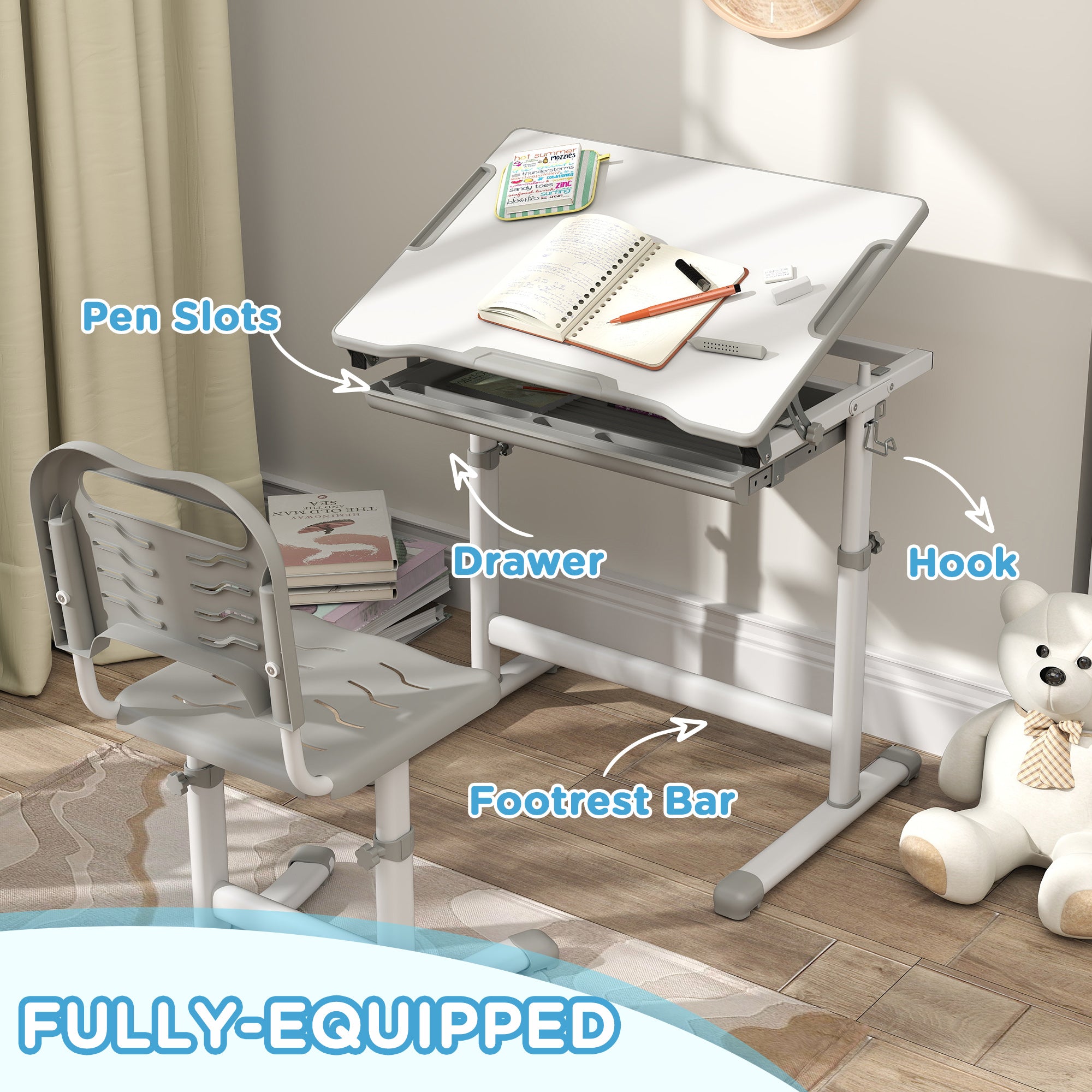 Height Adjustable Kids Desk and Chairs Set with Tilt Desktop, Storage Drawer, Pen Slot, Hook, Gray