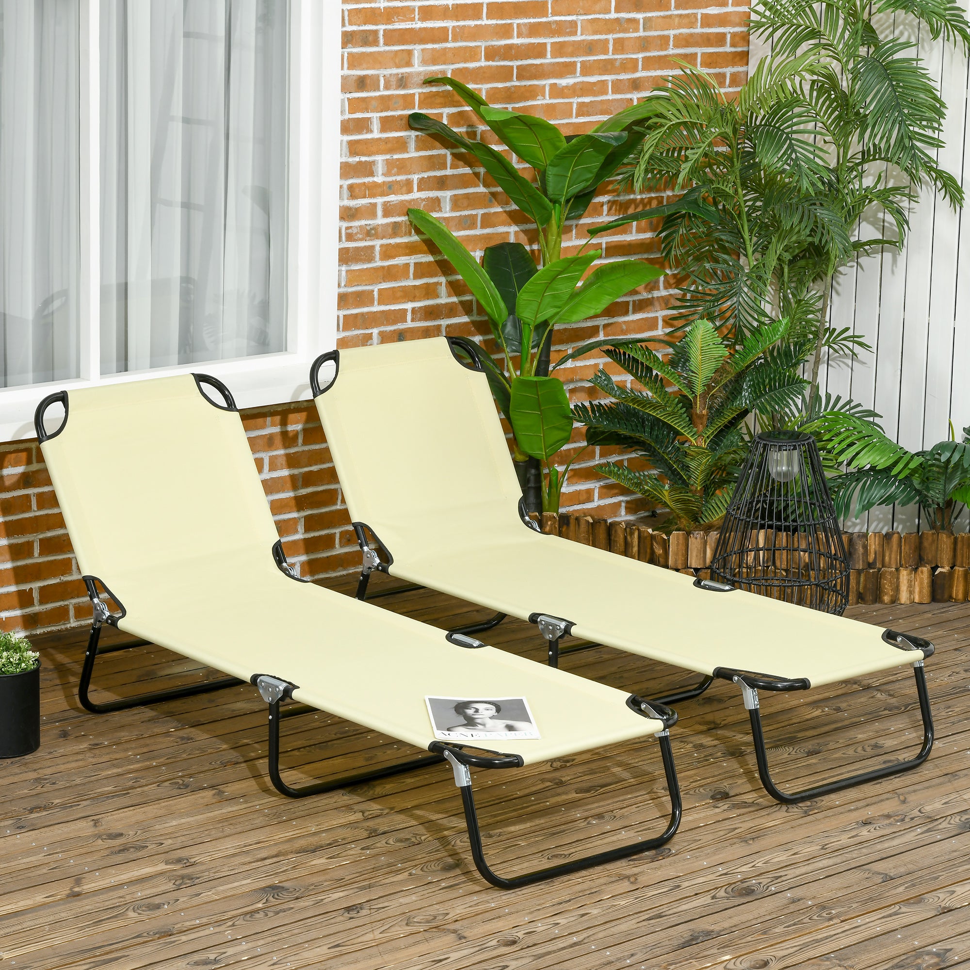 2 Piece Folding Chaise Lounge Pool Chairs, Outdoor Sun Tanning Chairs, Steel Frame for Beach, Yard, Patio, Beige