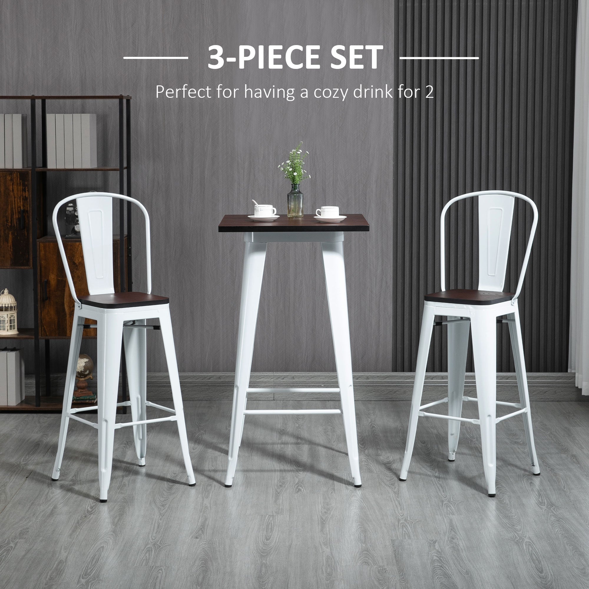 3 Piece Industrial Dining Table Set, Bar Height Bar Table and Chairs Set with Footrests for Bistro, White and Brown