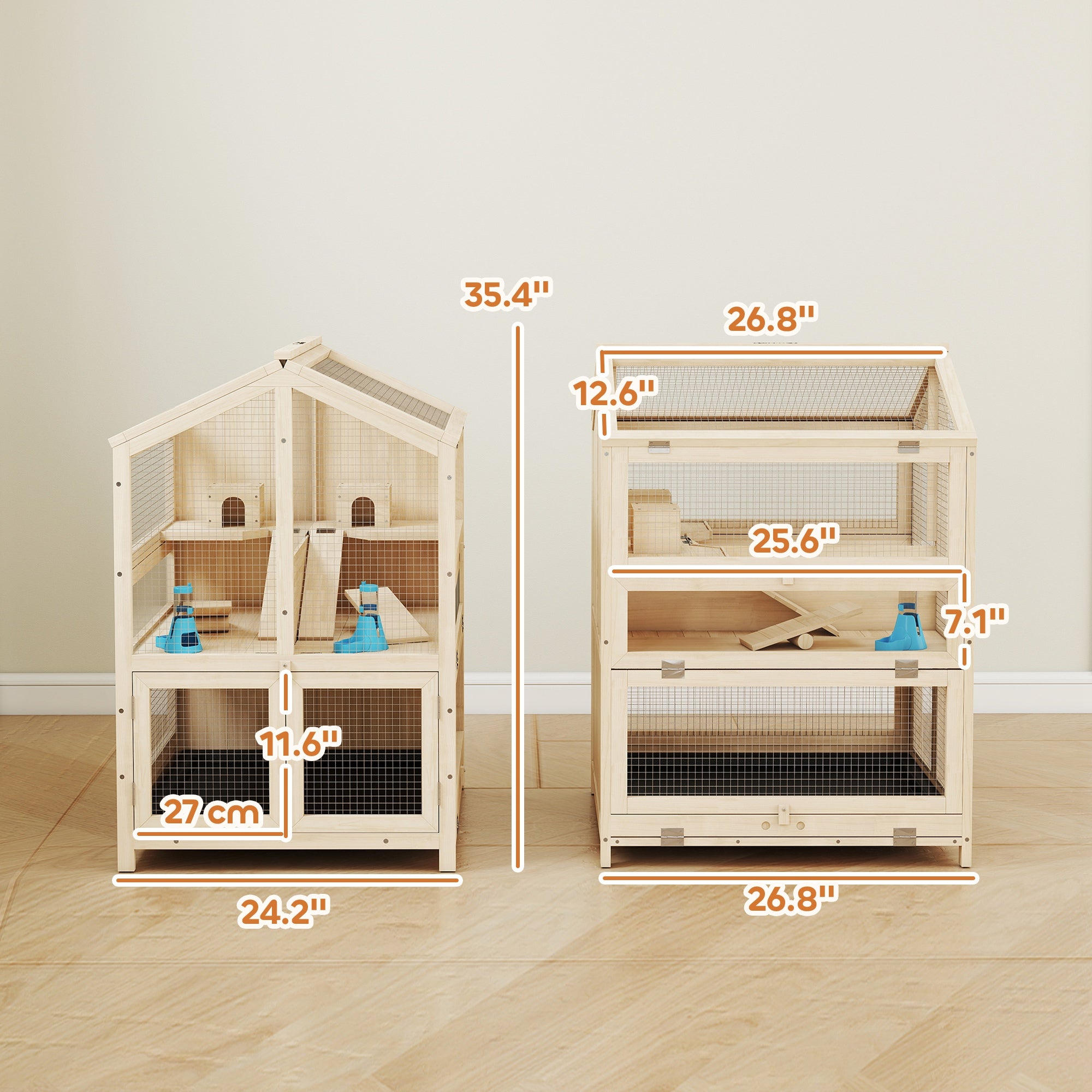 Wooden Hamster Cage, Large 3 Tier Hamster Cage w/ Pull-Out Tray, Openable Top, Hut, Seesaws, 26.8"L x 24.2"W x 35.4"H