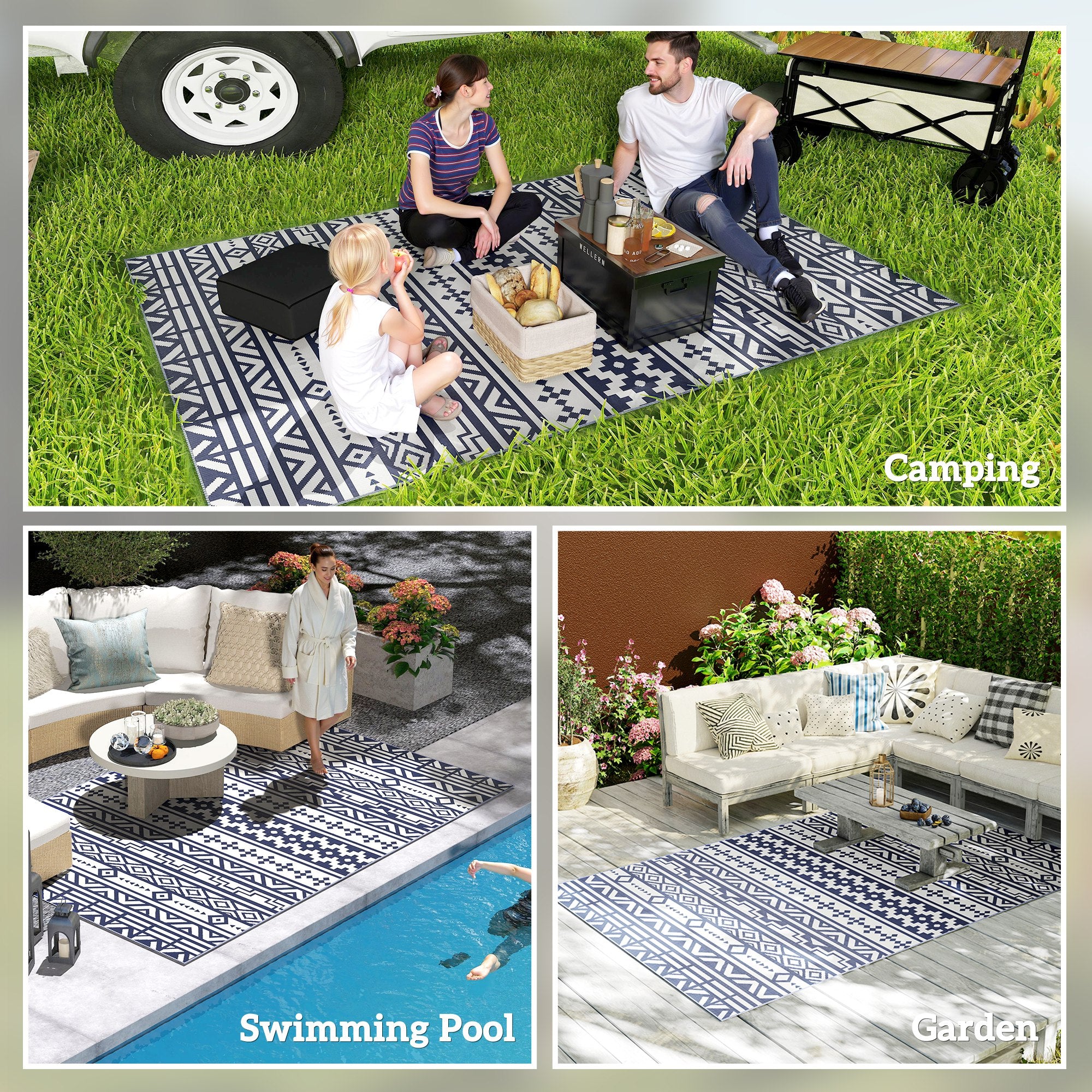 Reversible Outdoor Rug, Waterproof Plastic Straw with Carry Bag, 6' x 9', Blue & White Geometric