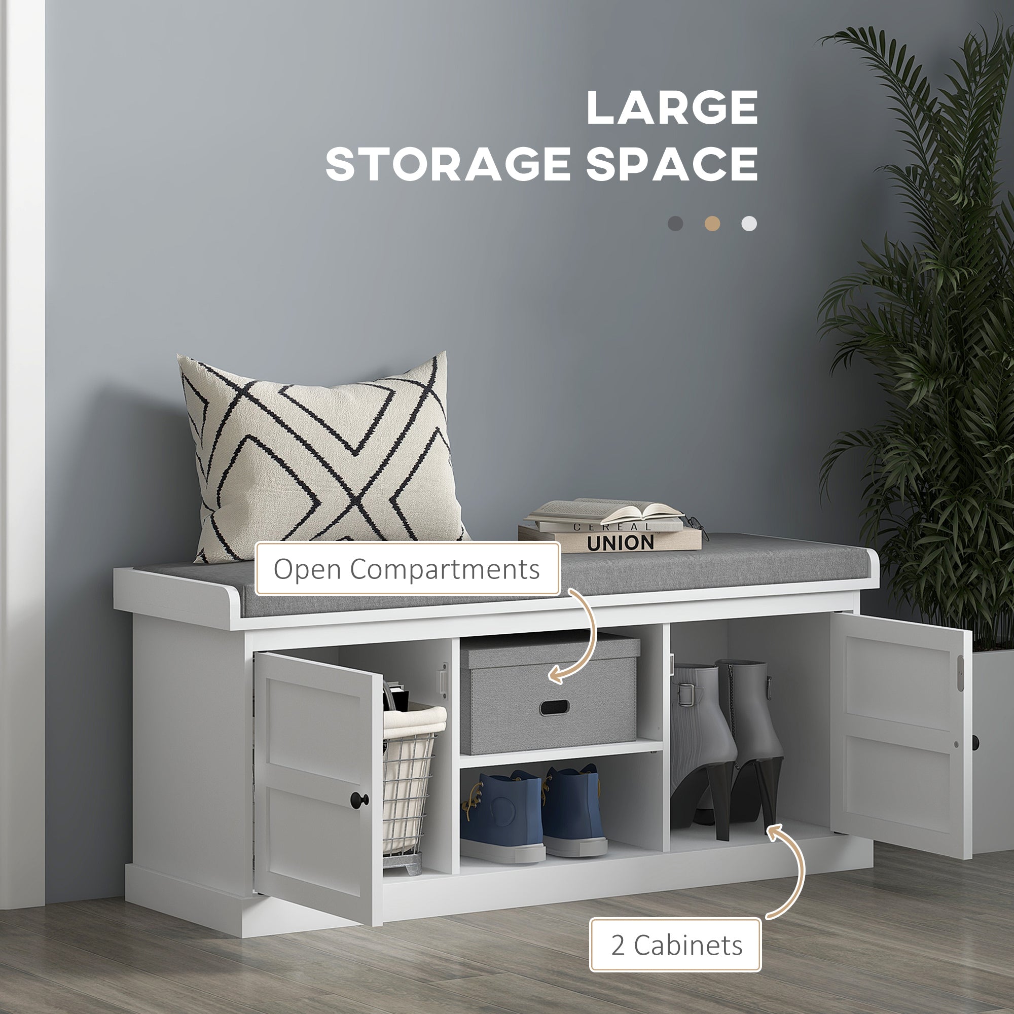 Shoe Storage Bench with Cushioned Seat, Entryway Bench Seat with 2 Cabinets and Adjustable Shelf for Hallway, White