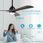 52" Ceiling Fan with Lights and Remote Control, Quiet DC Motor, 3 Blades, 6 Speed Levels, Reversible, for Indoor Patio, Living Room, Bedroom, Office, Matte Black
