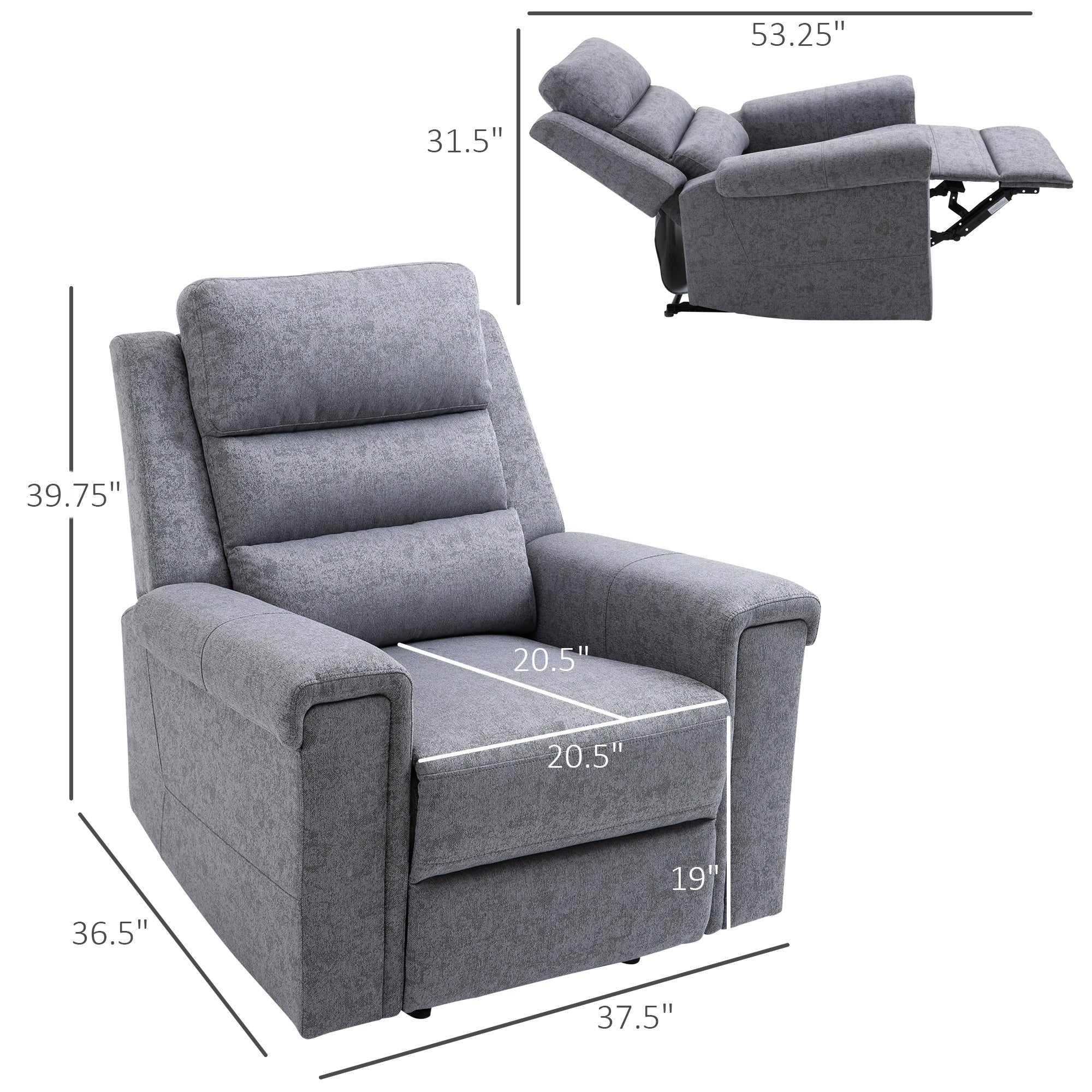 Modern Recliner Chair Linen Fabric Single Sofa Home Theater Seating with Overstuffed Armrest and Back, Grey