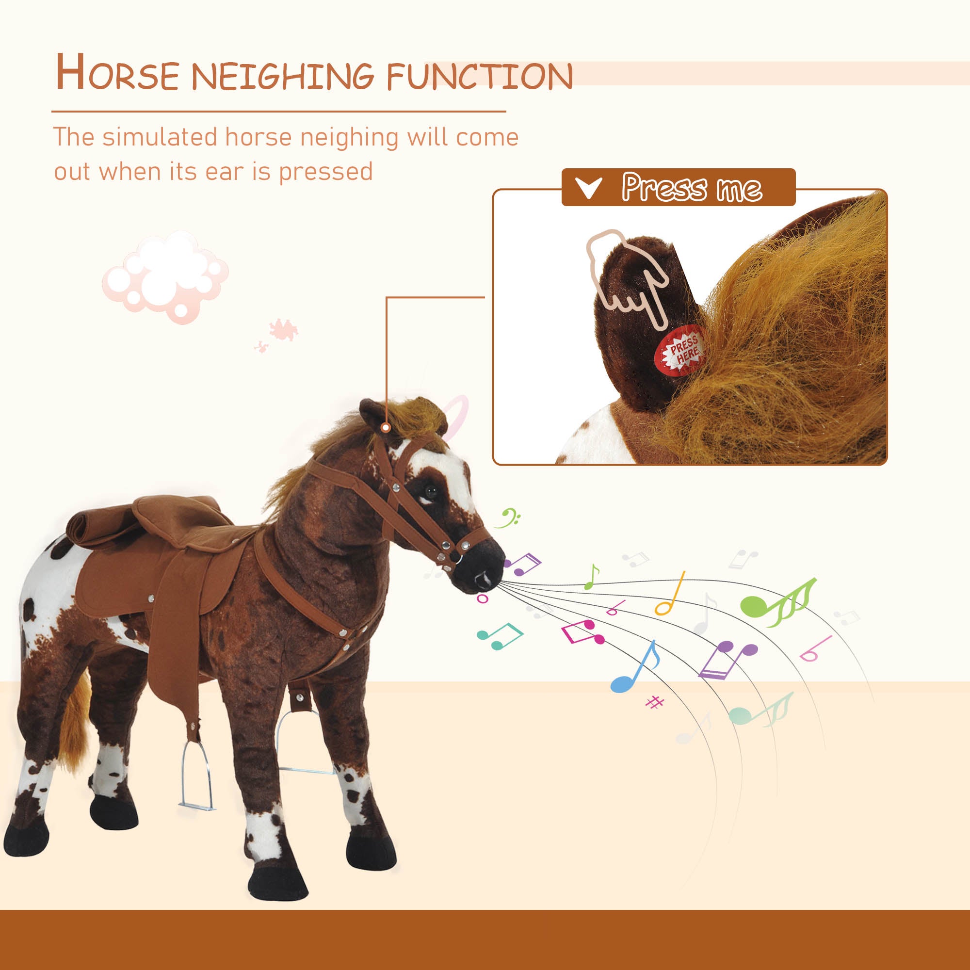 Sound-Making Ride On Horse for Toddlers 3-5, with Neighing and Galloping Sound, Stuffed Animal Horse Toy for Kids with Padding, Soft Feel, Brown