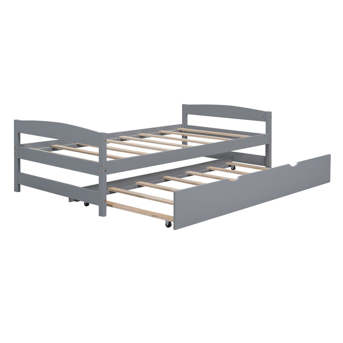 Twin Size Platform Bed with Twin Size Trundle, Headboard and Footboard, Sturdy Pine Wood Construction, 77.5" L x 40.5" W x 22" H, Gray