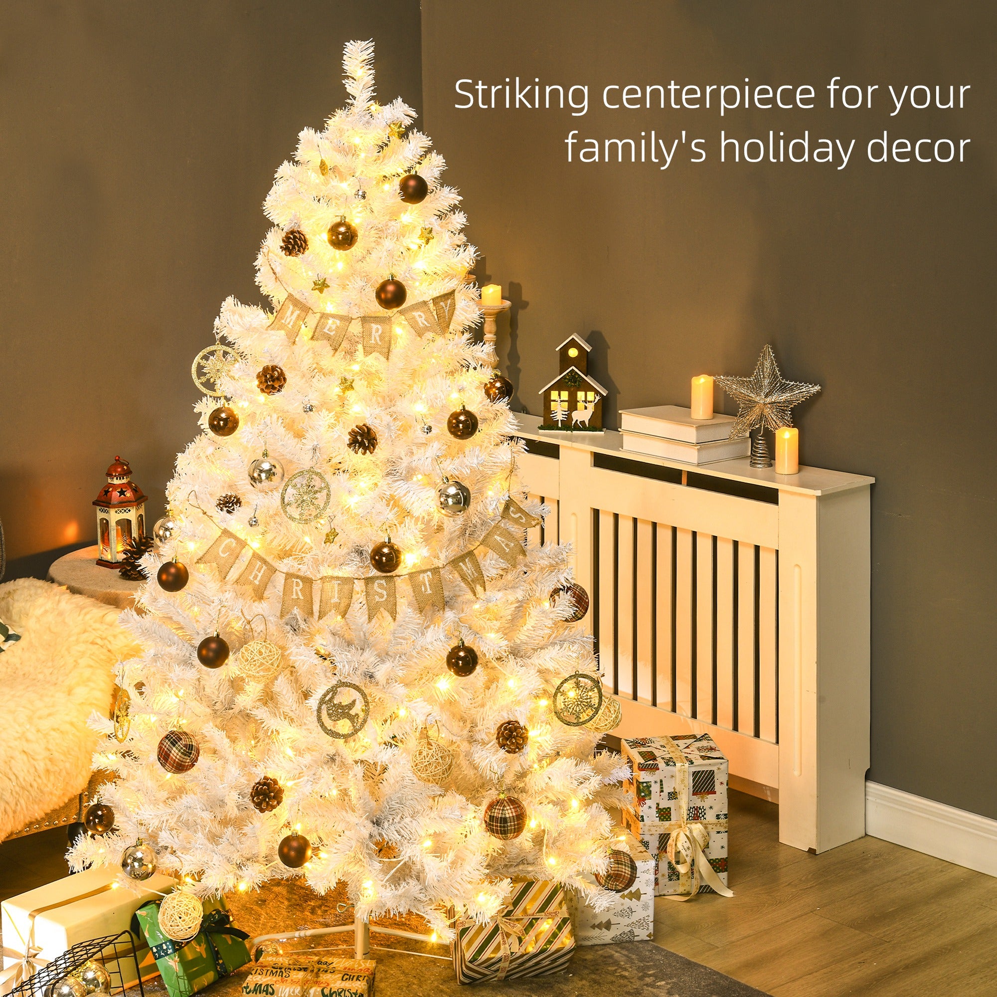 6' Prelit Artificial White Christmas Trees Home Decor, with Warm White LED Lights, Auto Open, Steel Base