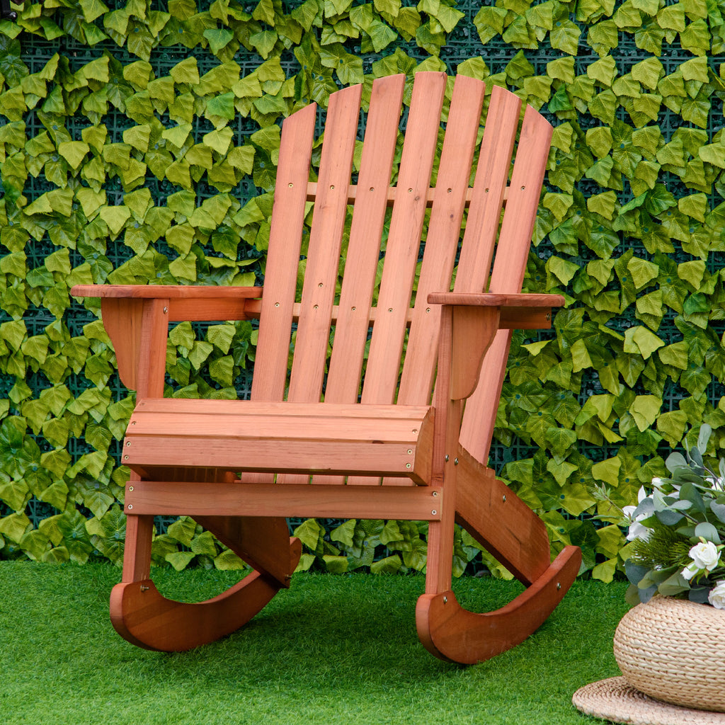Adirondack Rocking Chair, with Slatted Wooden Design, Fanned Back, Ergonomic Armrests, & Classic Rustic Style, For Porch, Patio, Backyard, Teak