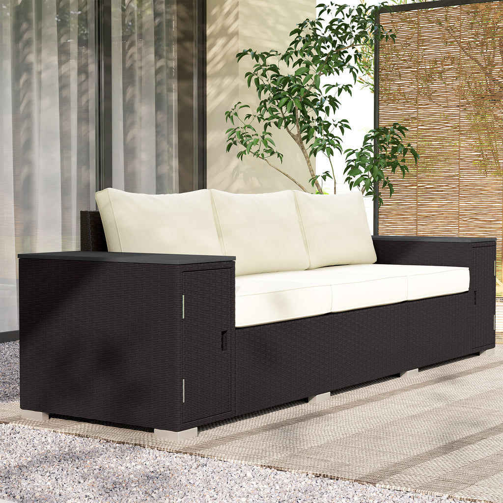 3 Seater Wicker Outdoor Couch Patio Sofa with Storage, Thickened Cushions and Wide Armrests for Porch Yard, Cream White