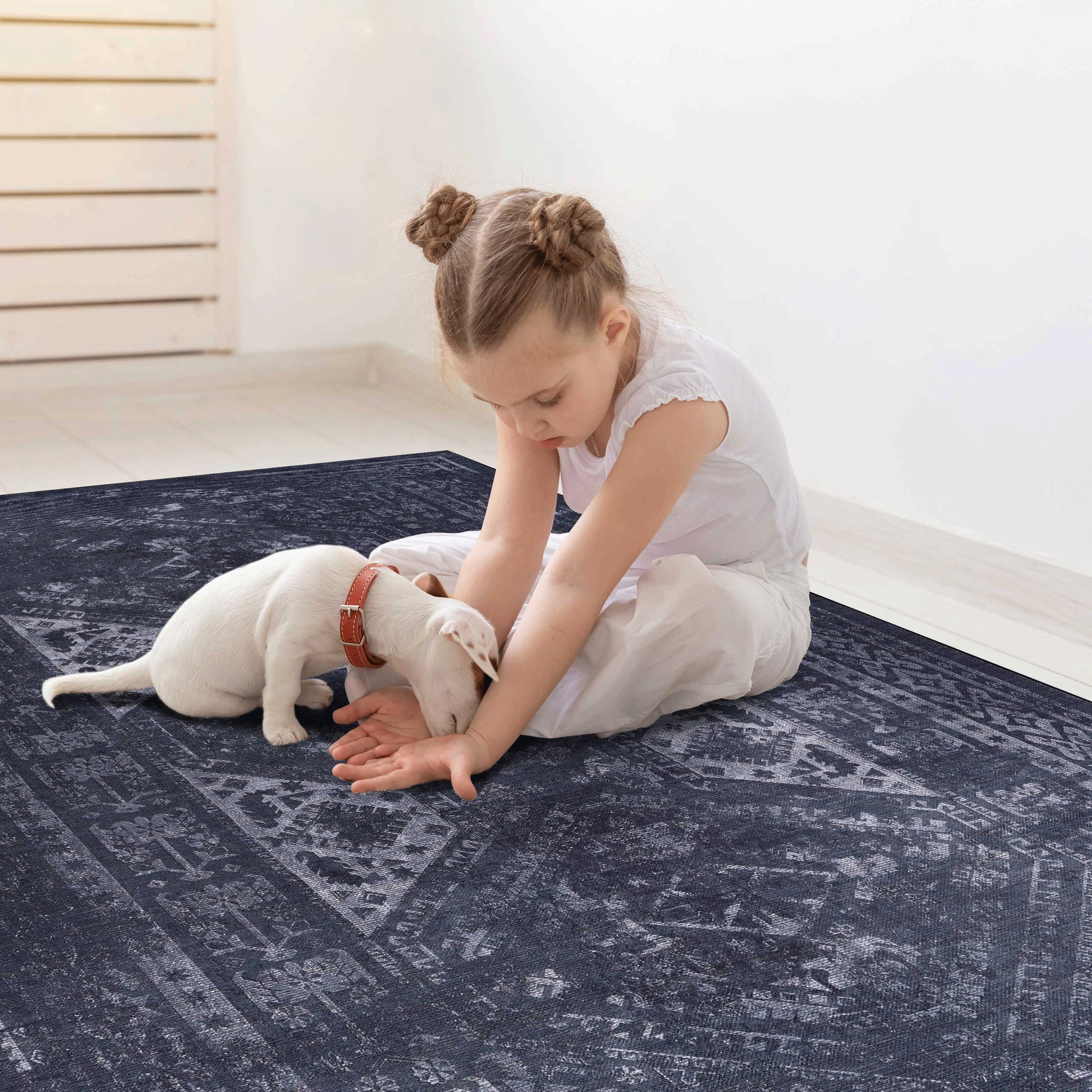 9x12 Washable Kid and Pet Friendly Area Rug, Low-Pile Non-Slip Non-Shedding Rug Blanket, for Living Room, Bedroom, Dining Room, Black+Gray