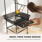 64"H Rolling Bird Playground Parrot Stand with Seed Guard & Wheels, Ladders, Swing, Toy Hook & Bowls