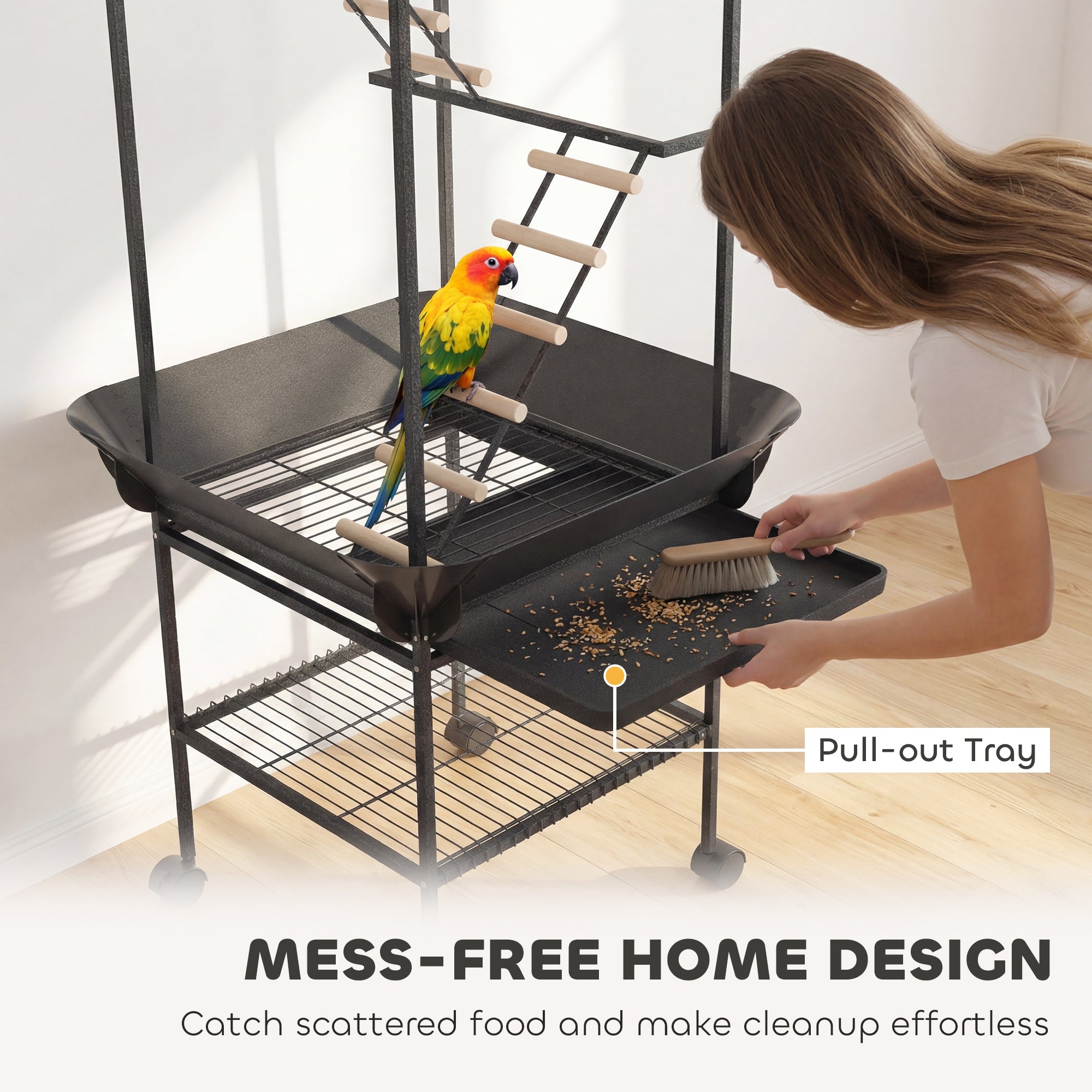 64"H Rolling Bird Playground Parrot Stand with Seed Guard & Wheels, Ladders, Swing, Toy Hook & Bowls