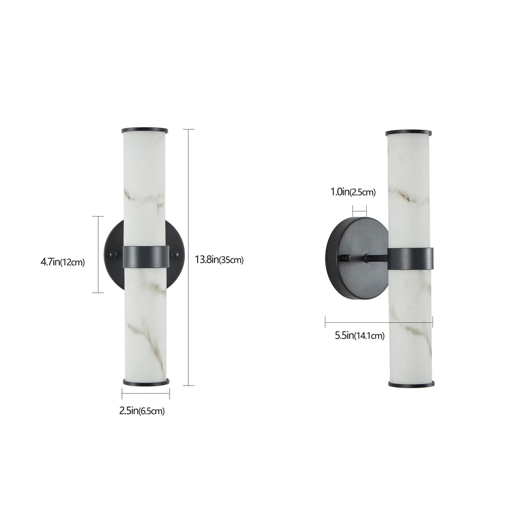 Set of 2 Resin Marble Texture Wall Lights with Iron Metal Frame, Elegant Lighting Fixtures for Hallways, Bedrooms, 5" L x 5.5" W x 14" H, Black