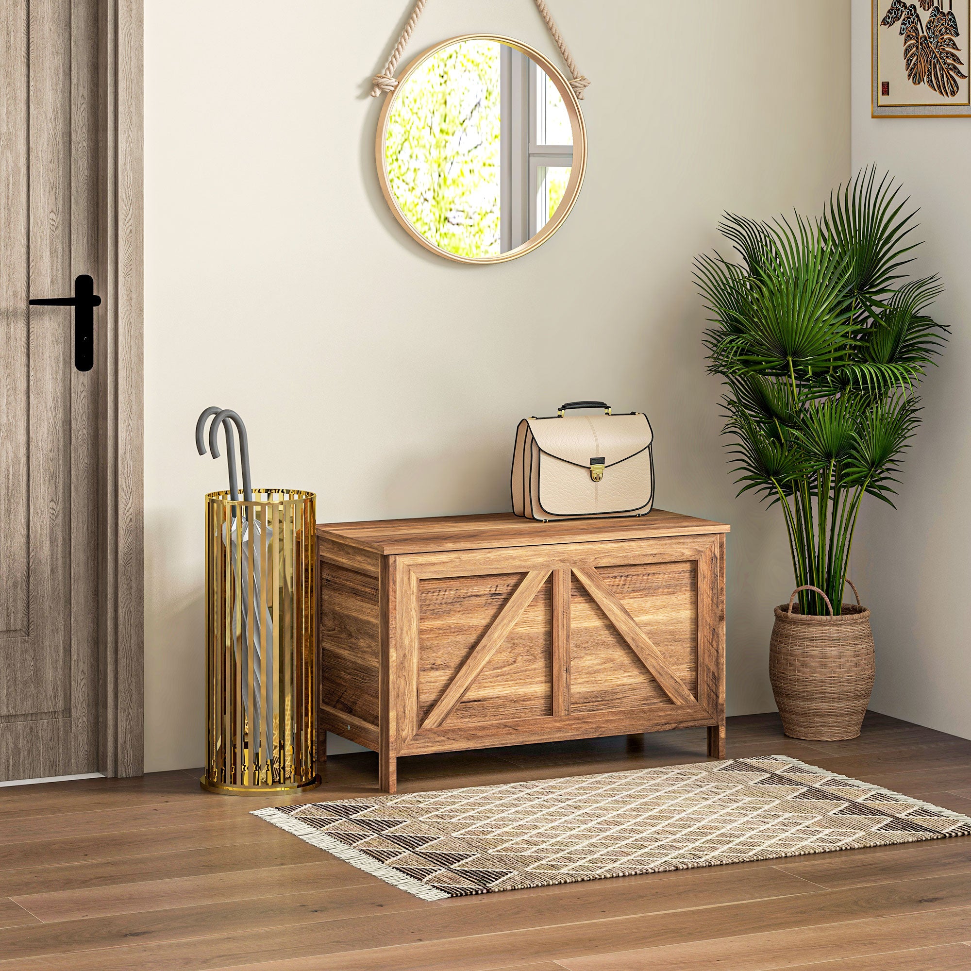Storage Chest, Farmhouse Lift Top Box Organizer with Safety Hinge, for Bedroom, Entryway, Living Room, Brown Oak